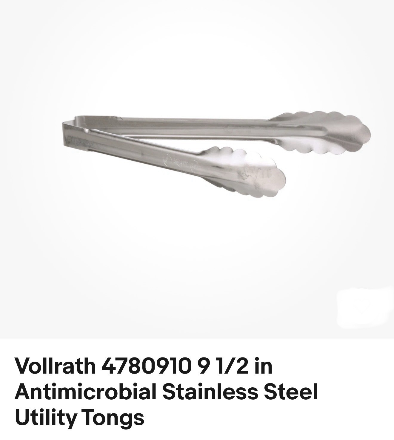 Vollrath 4780910 9.5” Antimicrobial Stainless Steel Tongs BRAND NEW
