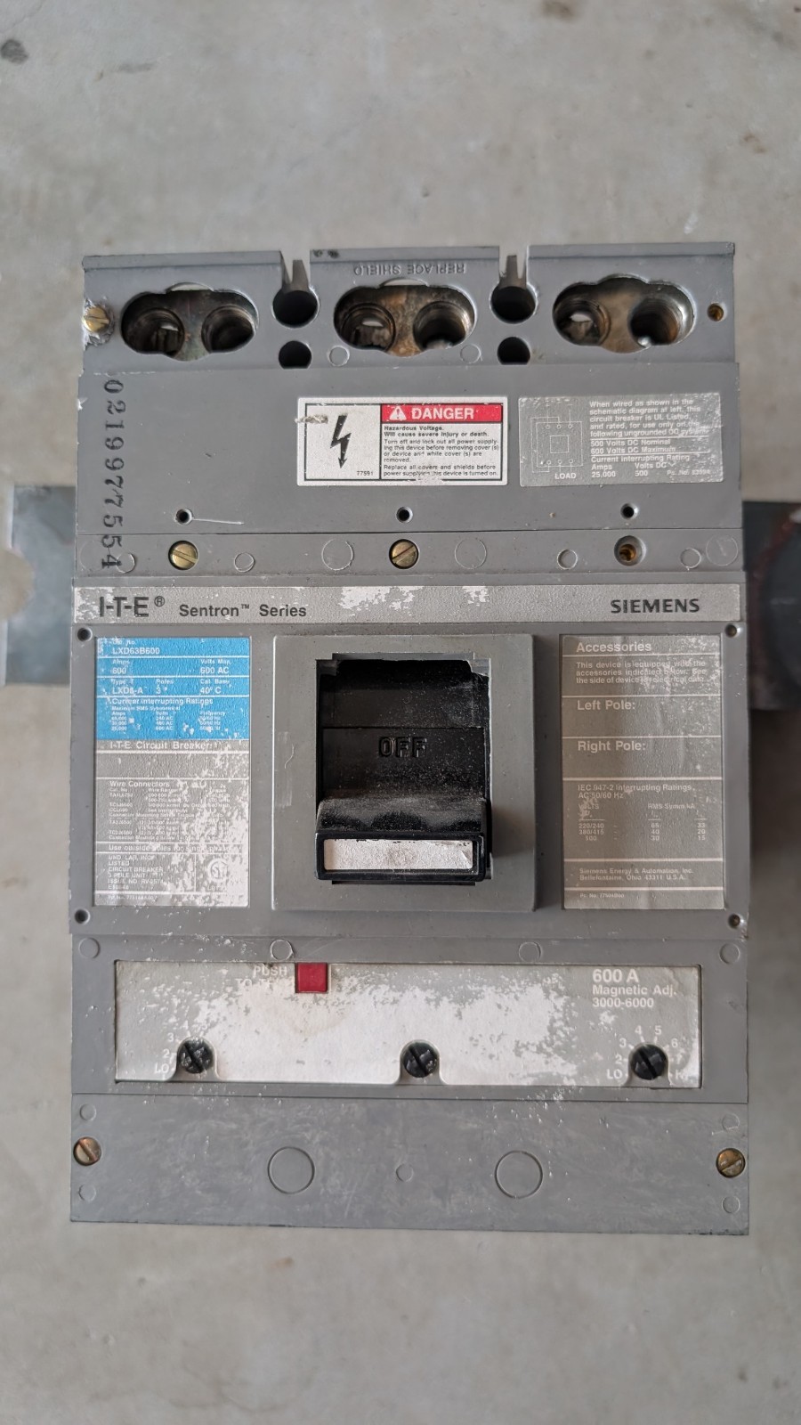 Siemens ITE Sentron LXD63B600 Circuit Breaker 600