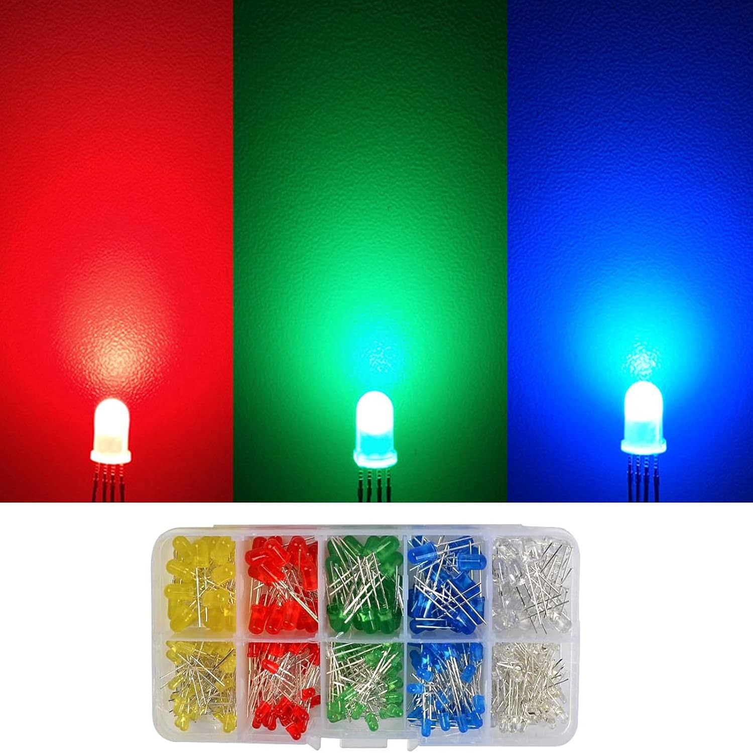300 Pieces Clear LED Diodes 3mm 5mm 2 Pin Round Assorted 5 Colors Kit Storage