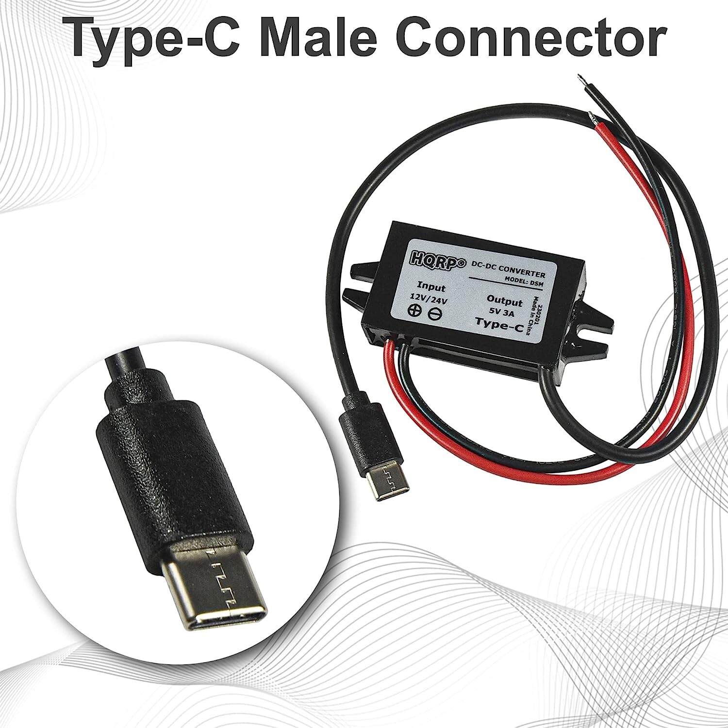 HQRP DC-DC Step Down Converter 12/24V to 5V 3A 15W with Type-C Male Connector