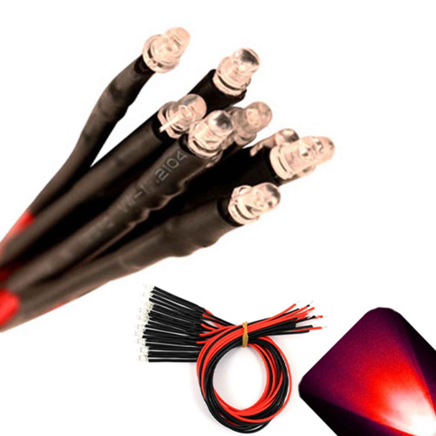 10 x Pre wired 6v 3mm Red LEDs Prewired 6 volt DC LED Light RC Prop 5v 4v 3v