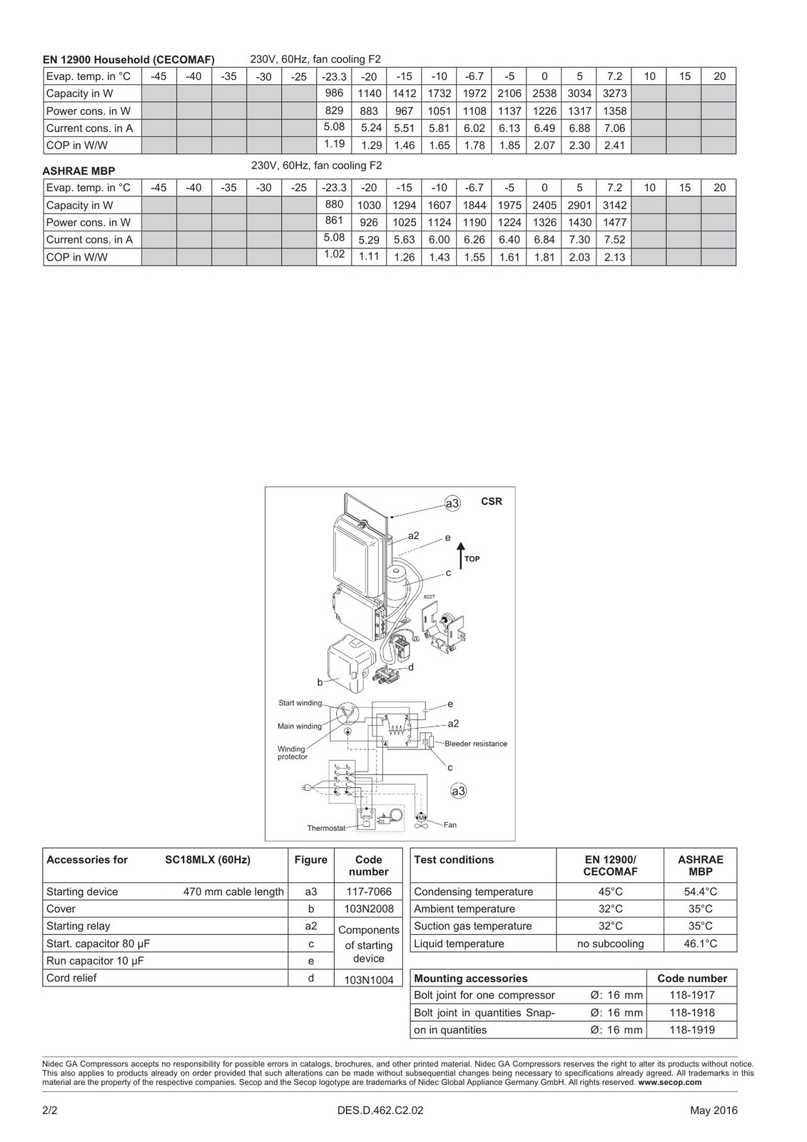 Secop SC18MLX.2 R404a Hermetic Refrigeration Compressor 10880 BTU HBP 230V 1HP