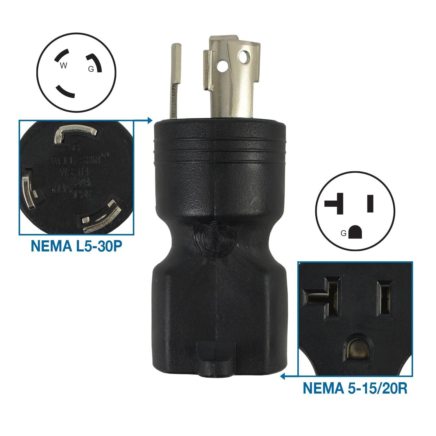 Conntek Plug Adapter NEMA L5-30P to 5-15/20R 30Amp 125V to 15/20Amp 125V