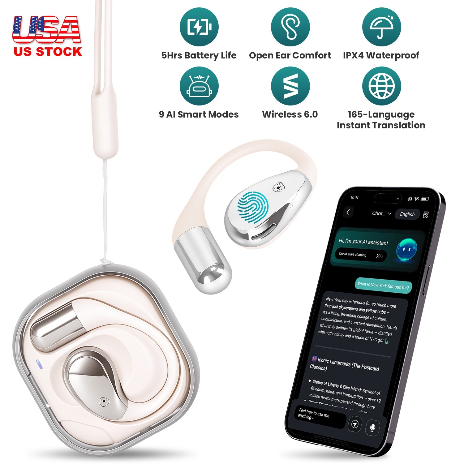 4-In-1 Open-Ear AI Translation Wireless Earbud 165-Language Real-Time Waterproof