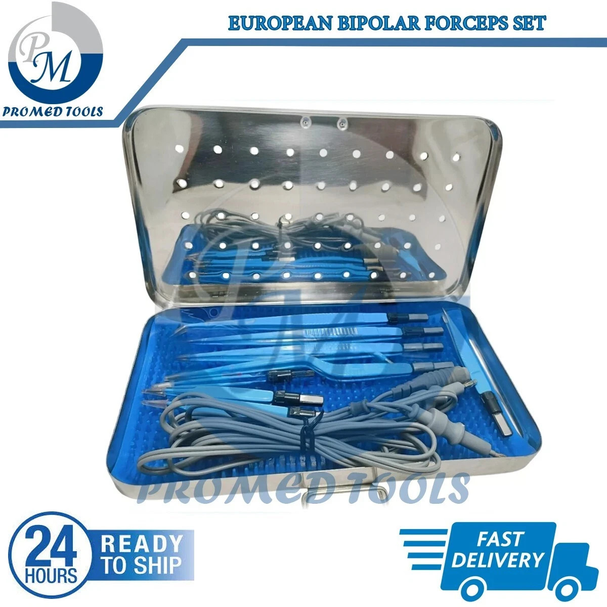 9 Pcs Set Electro European Bipolar Forceps + Cable Reusable With Stainless Box