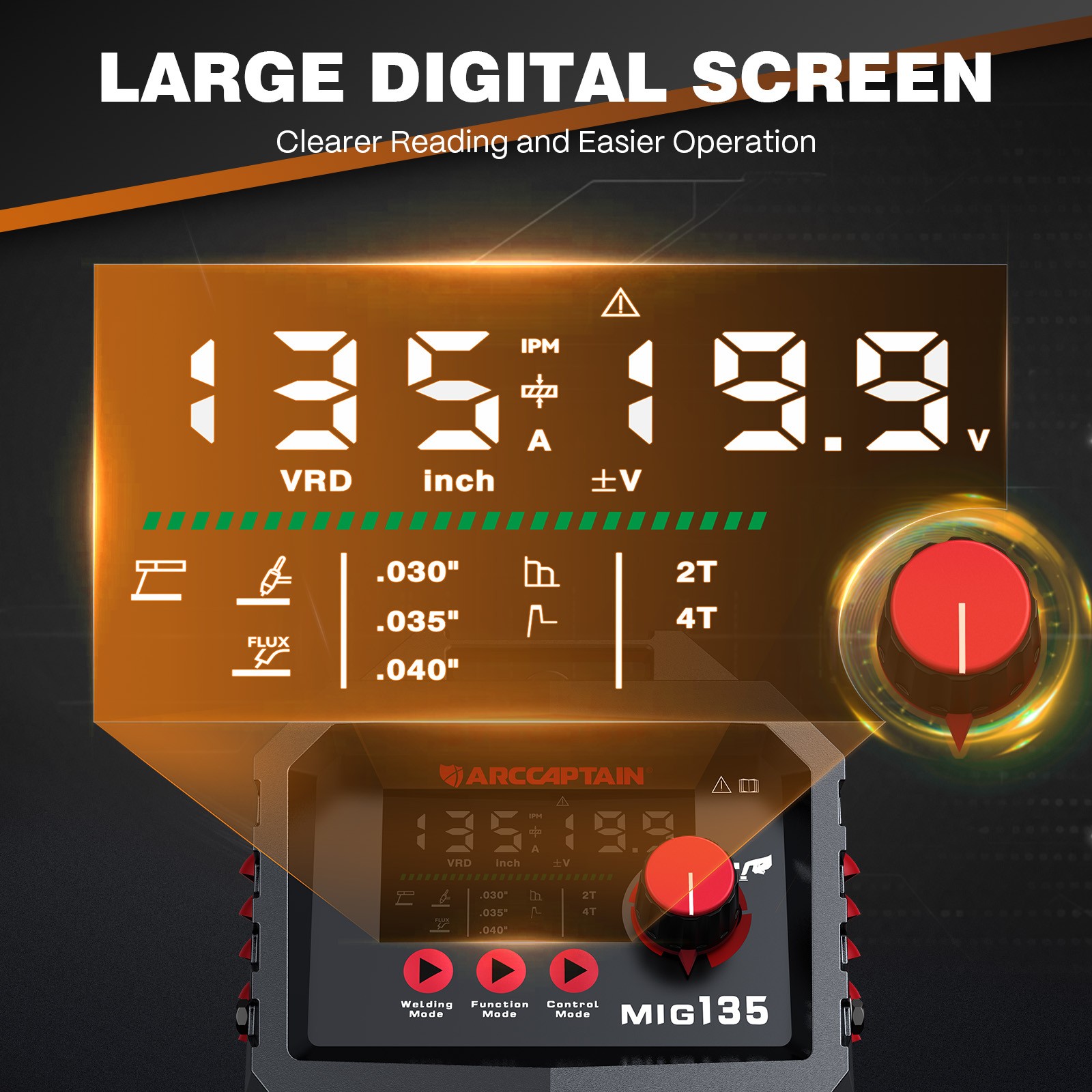 ARCCAPTAIN 135A MIG Welder Flux Core MIG Lift TIG Stick Large LED Display Welder