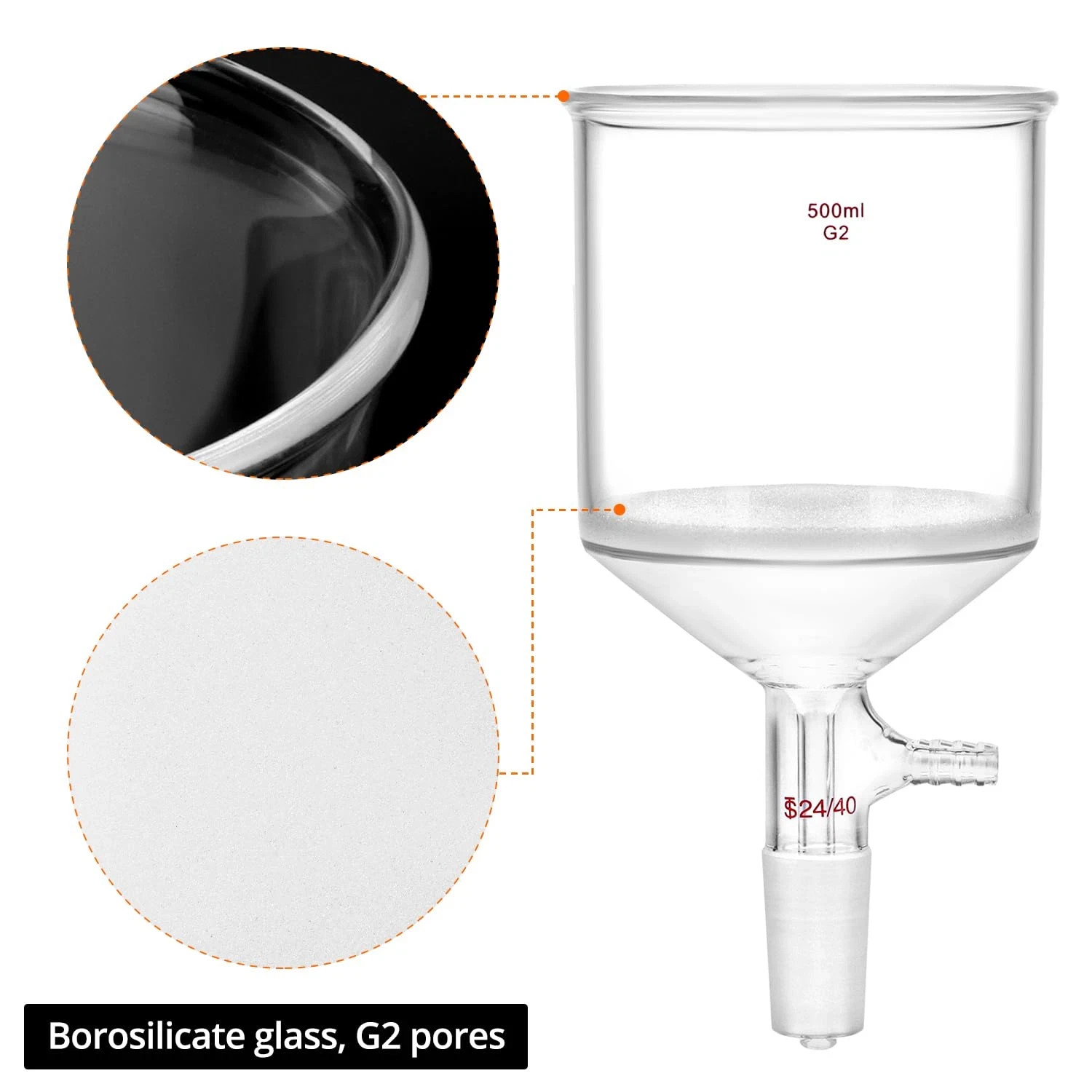 500Ml Borosilicate Glass Buchner Filtering Funnel with Medium Frit (G2) – 24/40