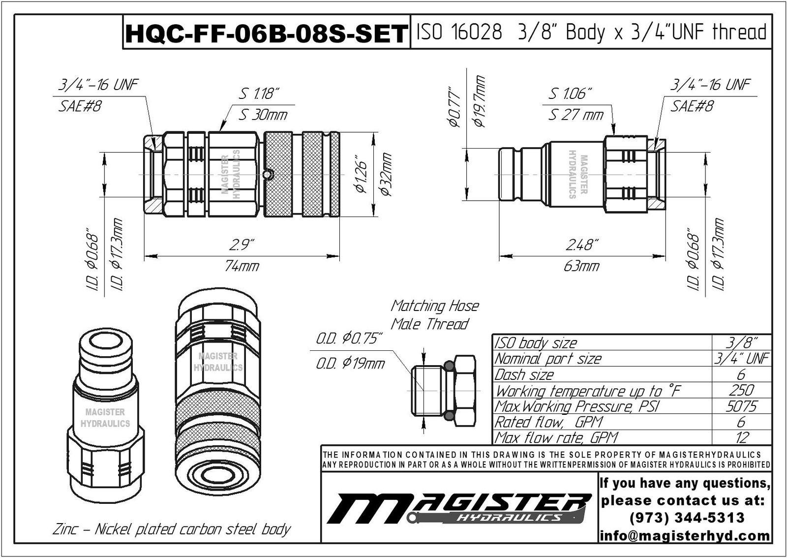 3/8″ Flat Face Hydraulic Quick Couplers Set – 1/2″ SAE Thread
