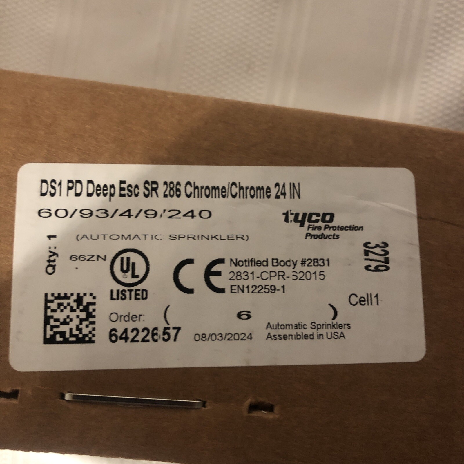 TYCO DS1 PD Flush Esc QR 155 White/white 24” inch Automatic Sprinkler Head.