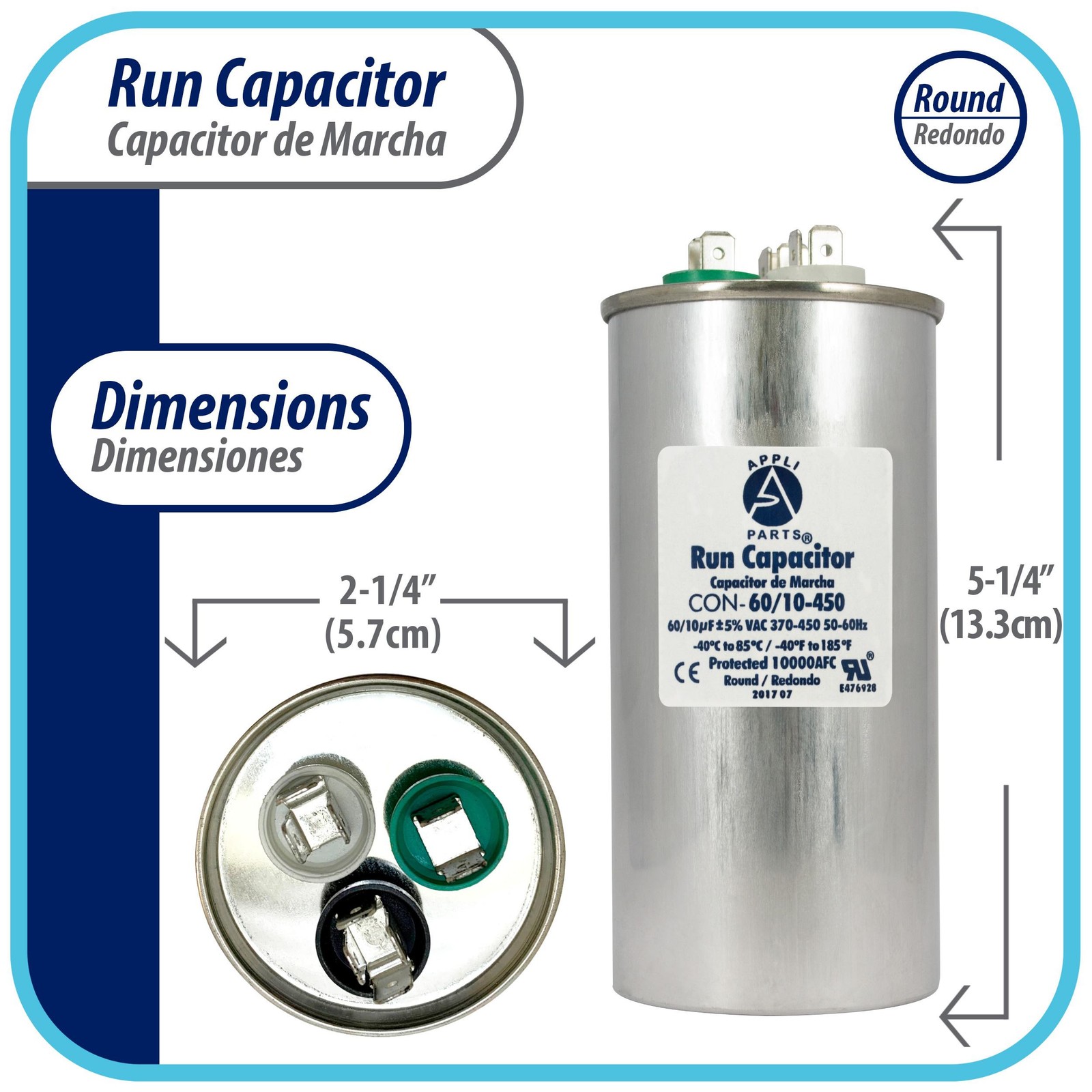 Appli Parts Dual Run Capacitor for ac 60+10 Mfd uF (microfarads) 370VAC or 450VA