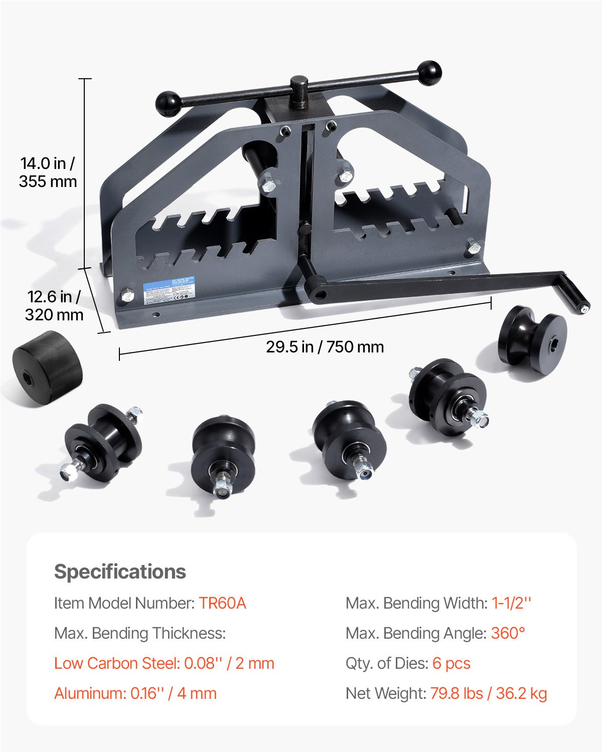 Uimoso Tube Roller Bender Max 1-1/2″ Manual Tube Pipe Roller Bender with 6 Dies