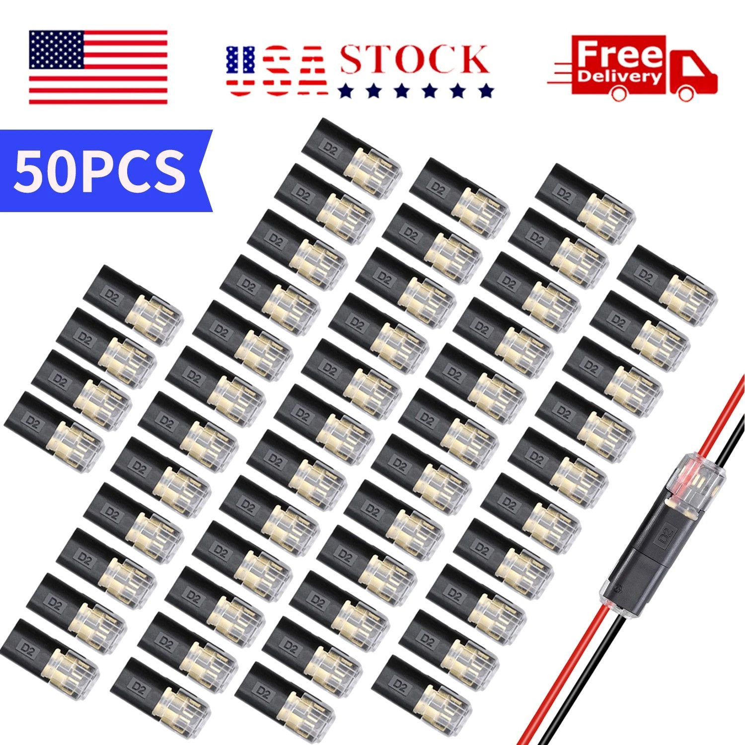 50Pack Double-Wire Plug-in Connector, Cable Clamp with Locking Buckle, AWG 18-22