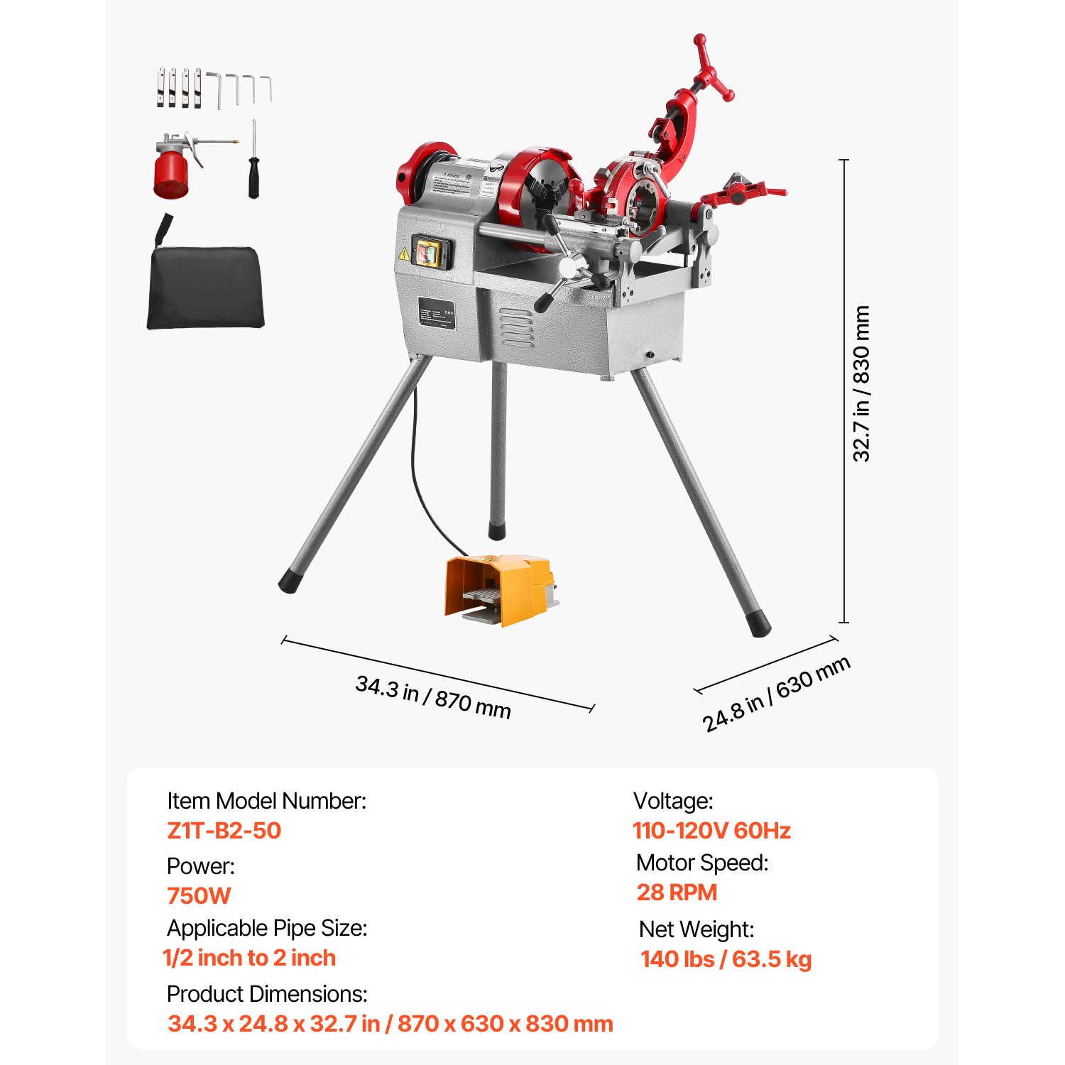 Electric Pipe Threader Machine 750W 28RPM Threading Cutter for 1/2″ to 2″ Pipes