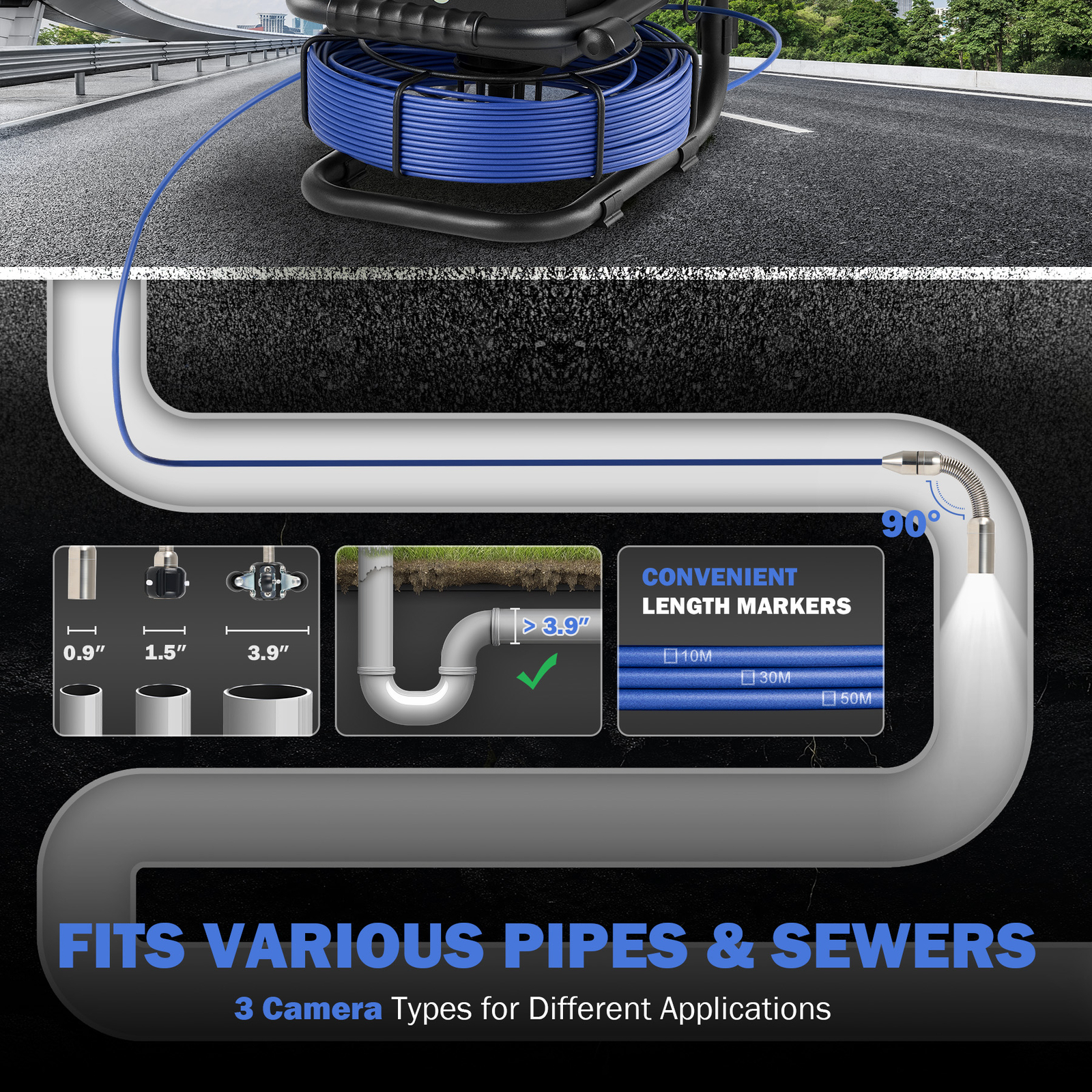 Zelcan 4.3 in. Sewer Camera w 50m/164ft Cable Length Marker Drain Pipe Camera