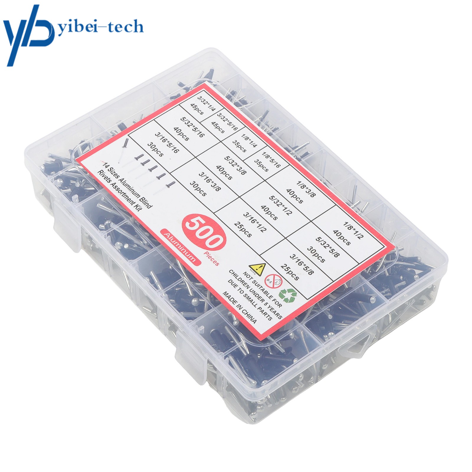 500 sets of rivet kits 3/32″ 1/8″ 5/32″ 3/16″ With 14 Standard Sizes W/ a Box