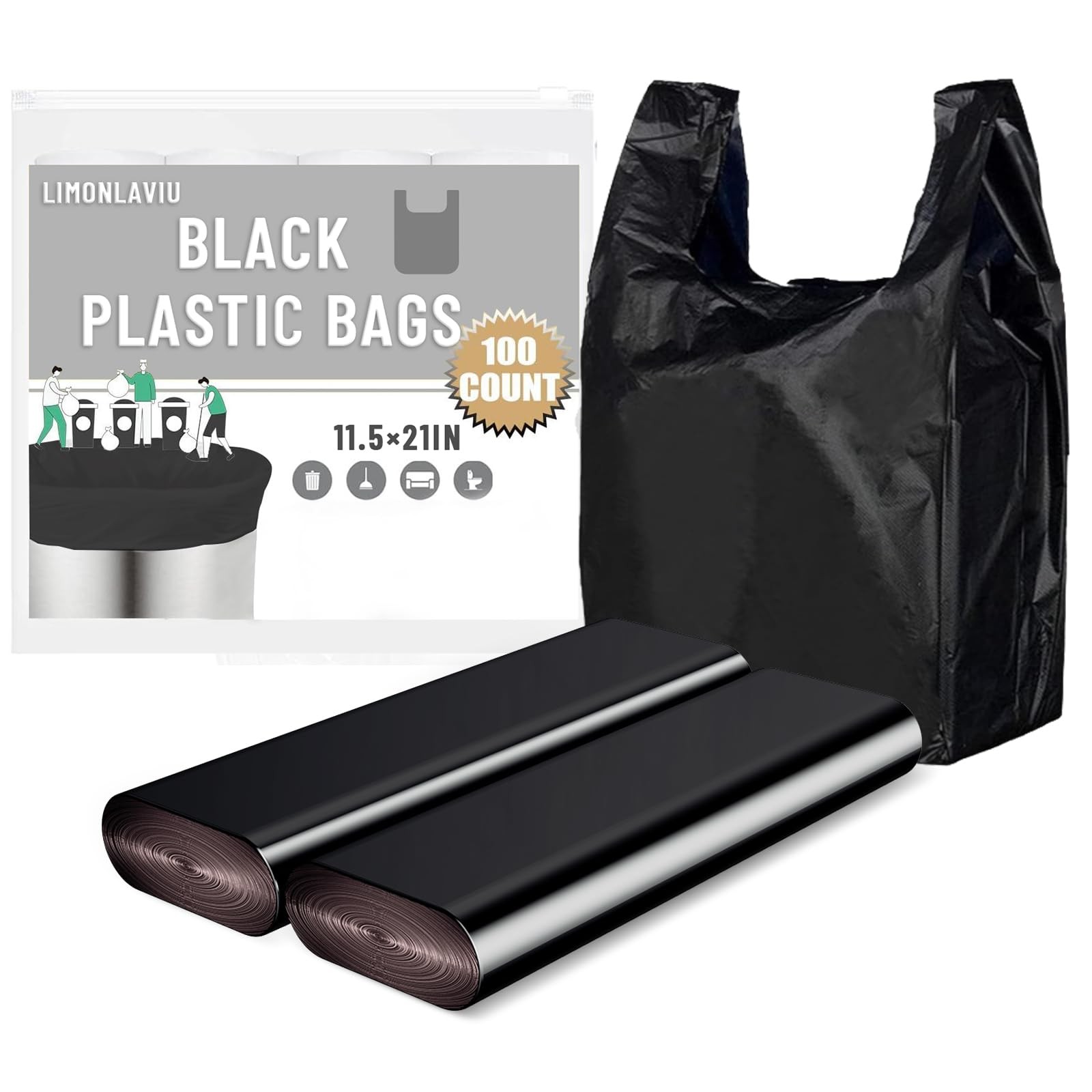 LimonLaviu Black Plastic Grocery Bags, 100 Pack, 1 Count (Pack of 100),