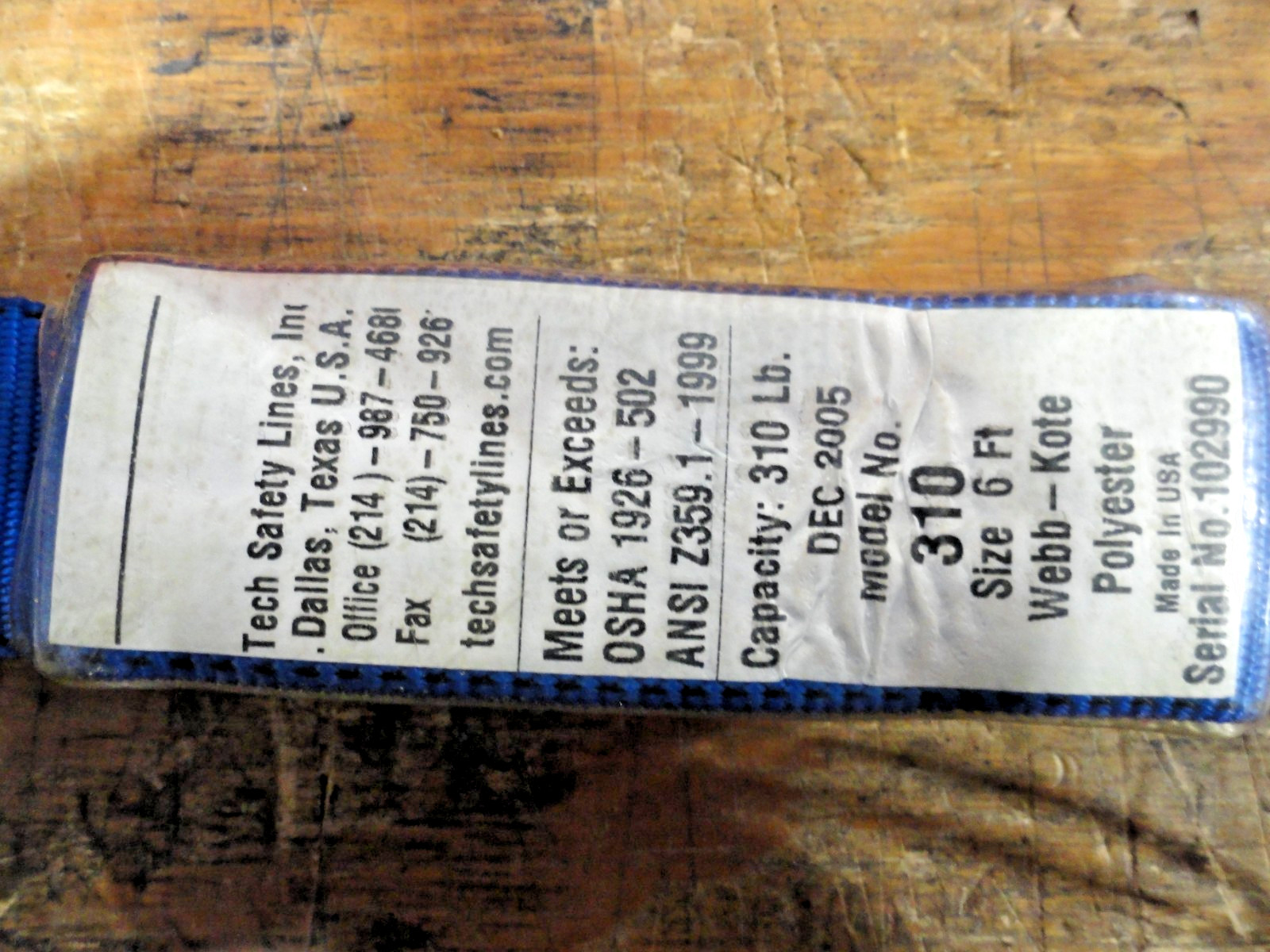 TECH SAFETY LINES MODEL 310 6FT LANYARD