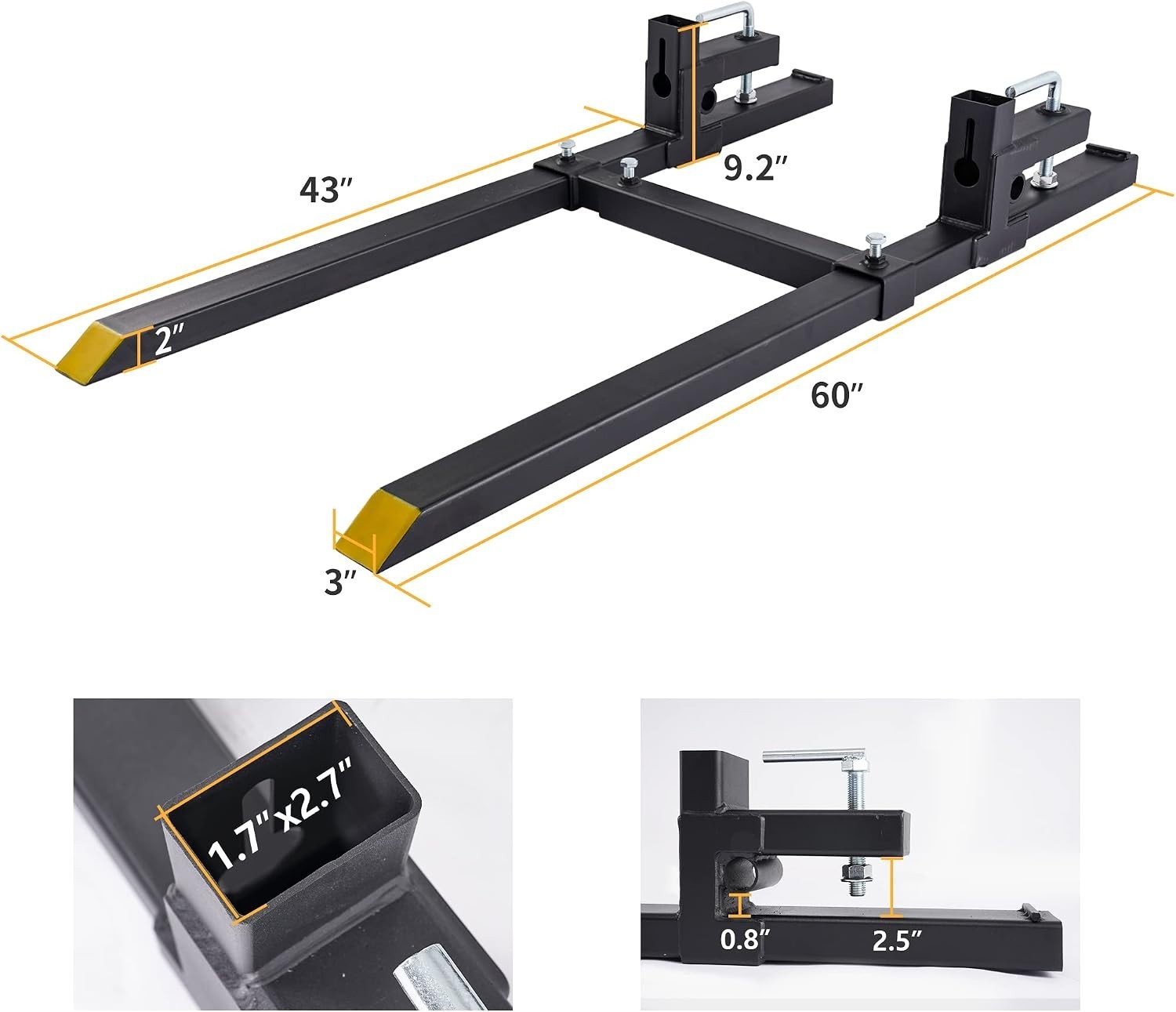 YINTATECH 60 Inch Clamp On Pallet Forks 4000 Lbs Bucket Attachment