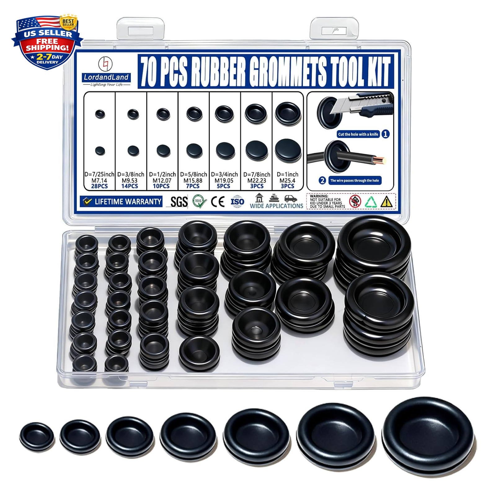 Rubber Grommet Kit 70 Pack, 7 Sizes Firewall Rubber Hole Plugs for Wiring