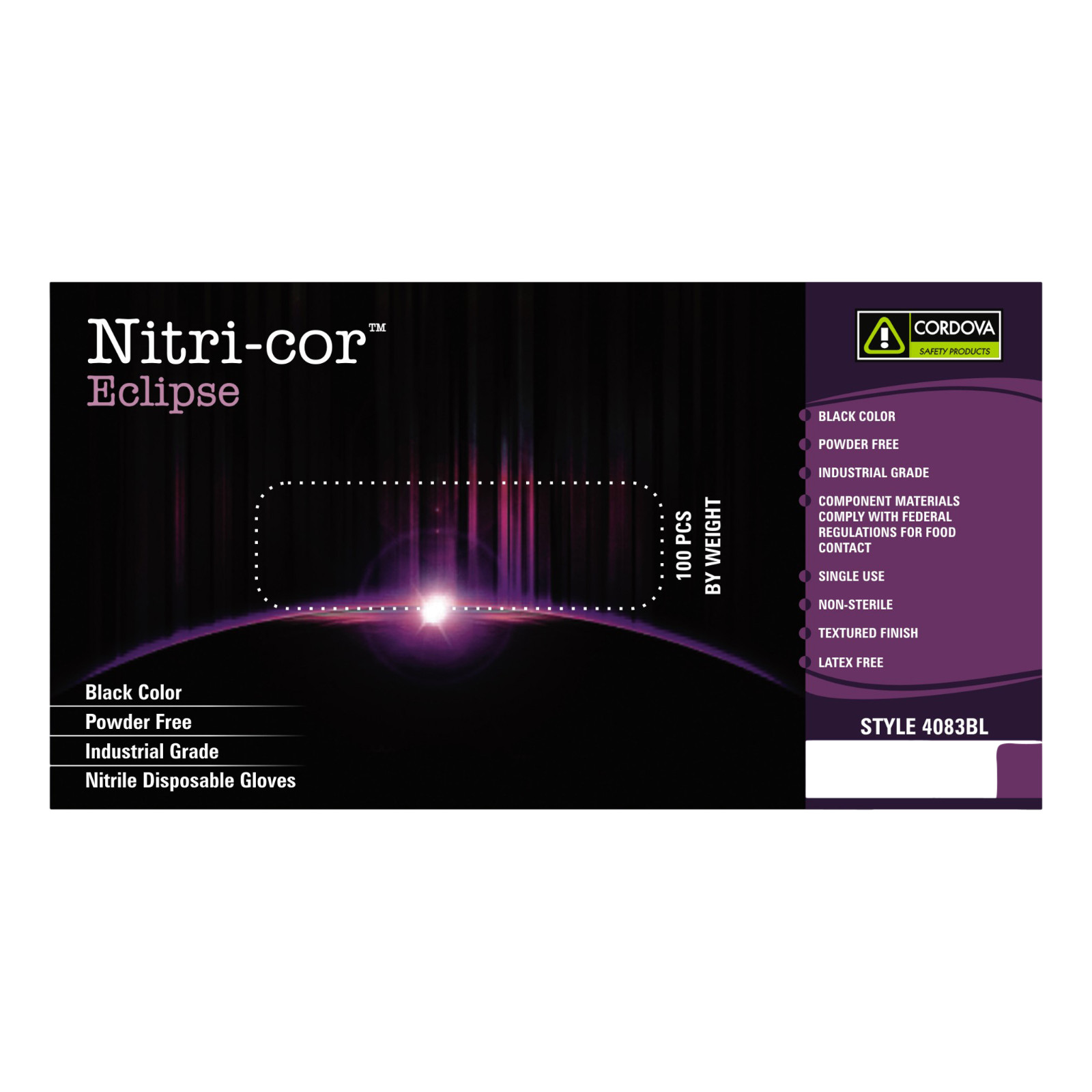 Cordova 4083BM Nitri-Cor Eclipse Nitrile Gloves, Black, Medium, Box of 100