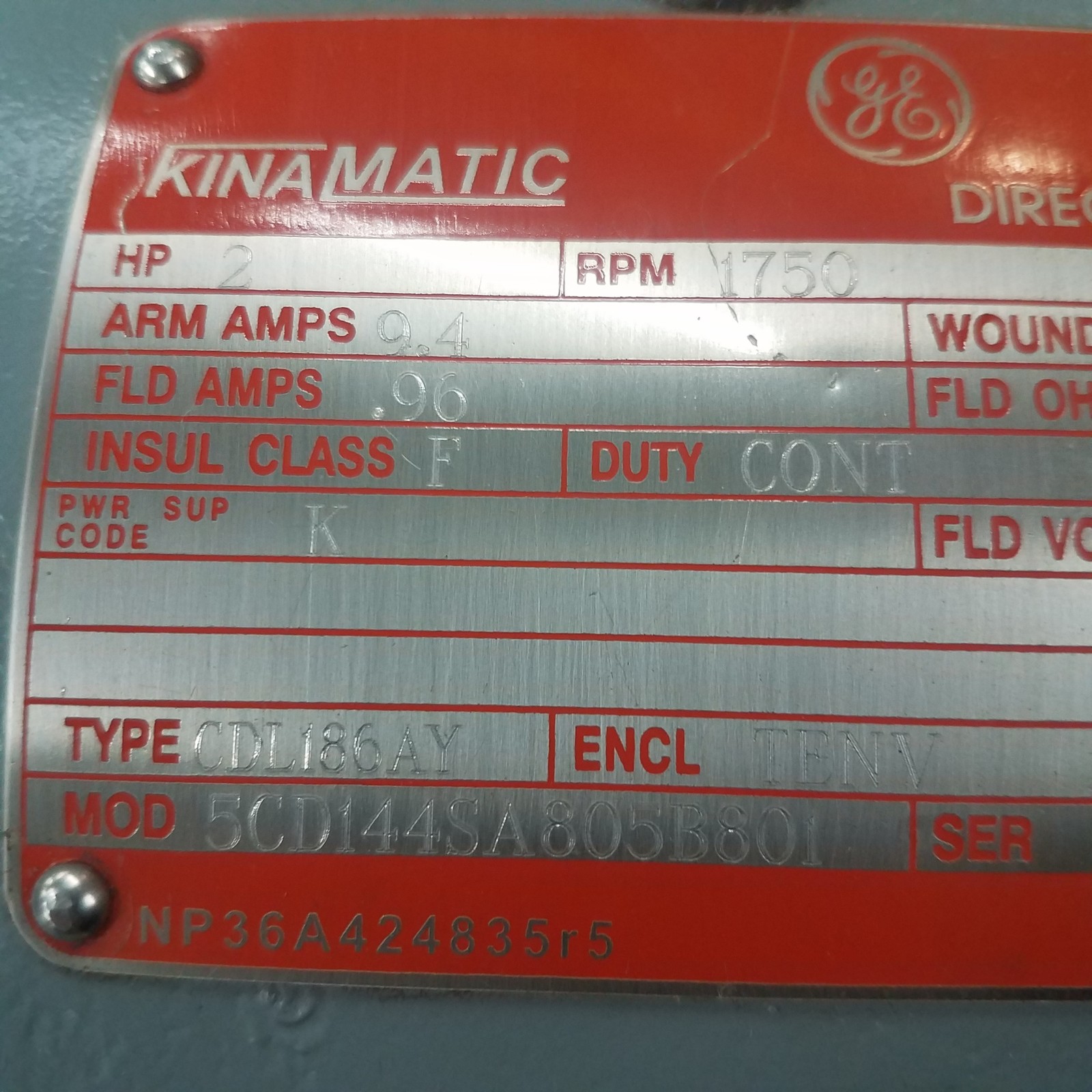 General Electric Kinamatic 5CD144SA805B801, DC Motor, 2HP, 1750 RPM, ENCL: TENV