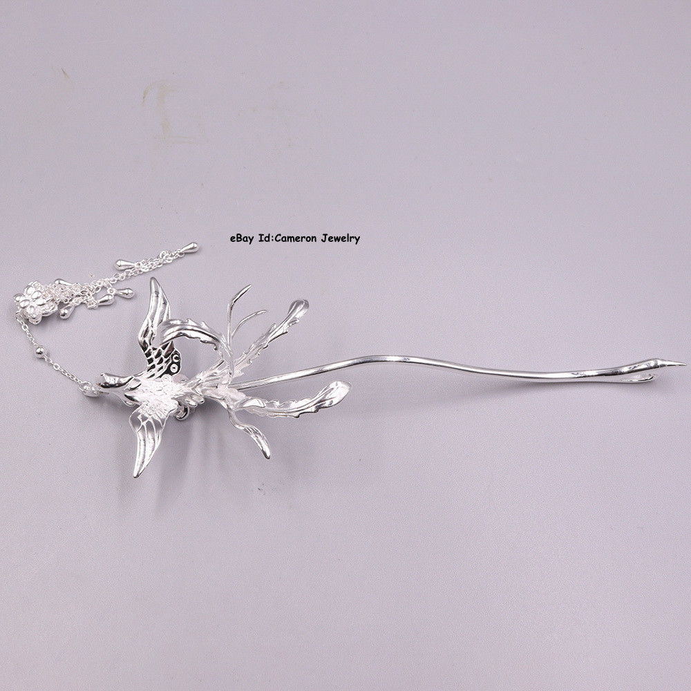 Pure S999 Fine Silver Hairpin Daily Carved Phoenix Hair Stick 24-25g 5inch