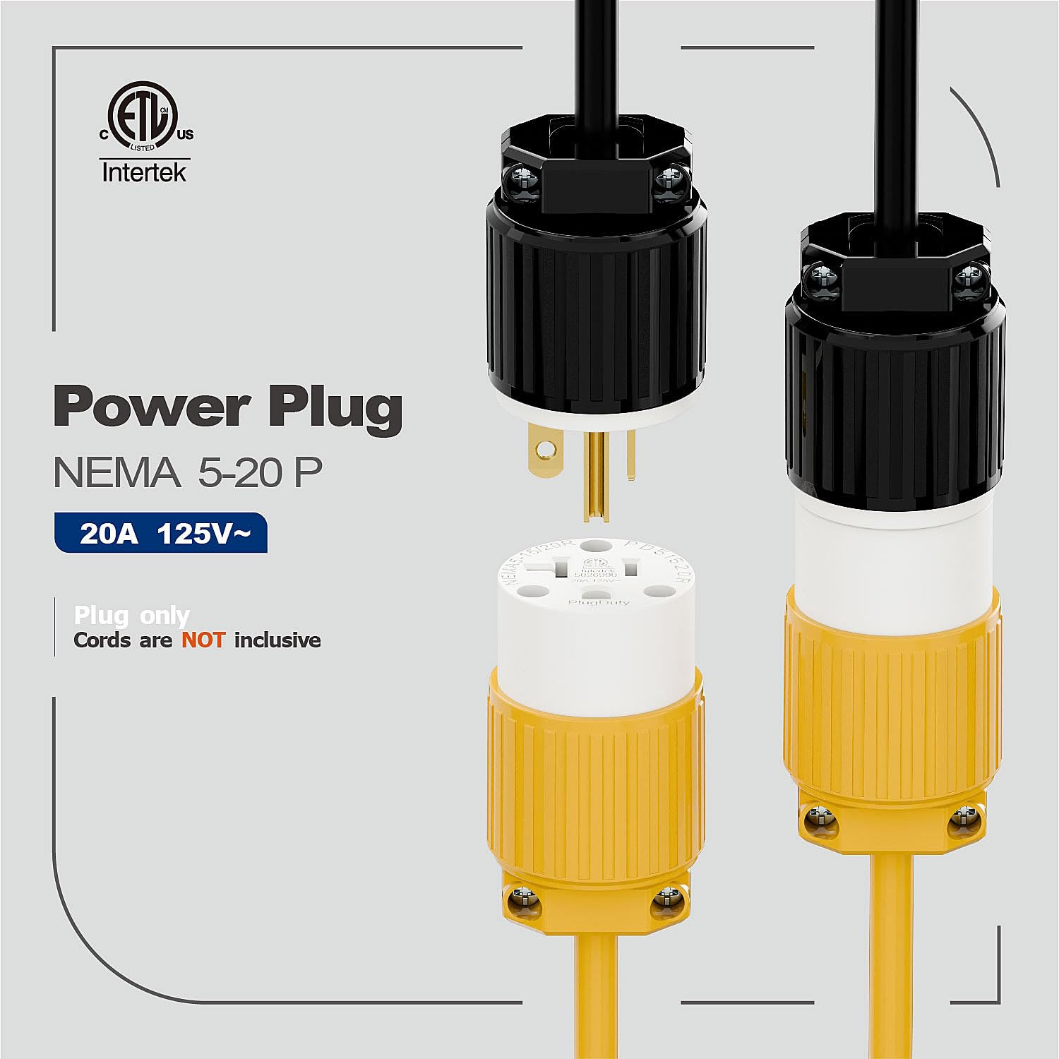 NEMA 5-20P Plug, 20A 125V Heavy Duty Industrial Male Plug, ETL Listed Rewireable