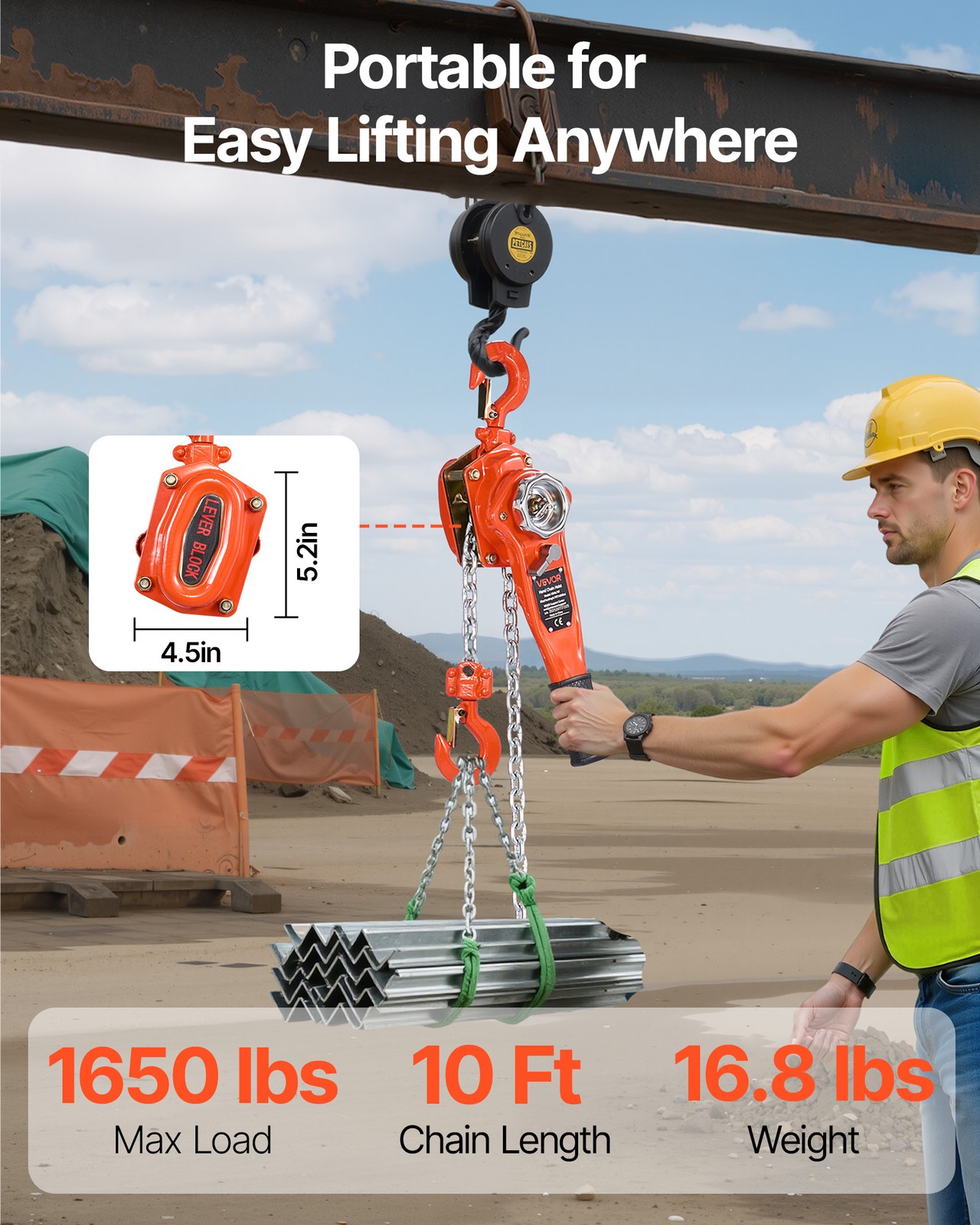 VEVOR Manual Lever Chain Hoist 3/4T 1650lbs 10ft Lift Alloy Steel for Warehouse