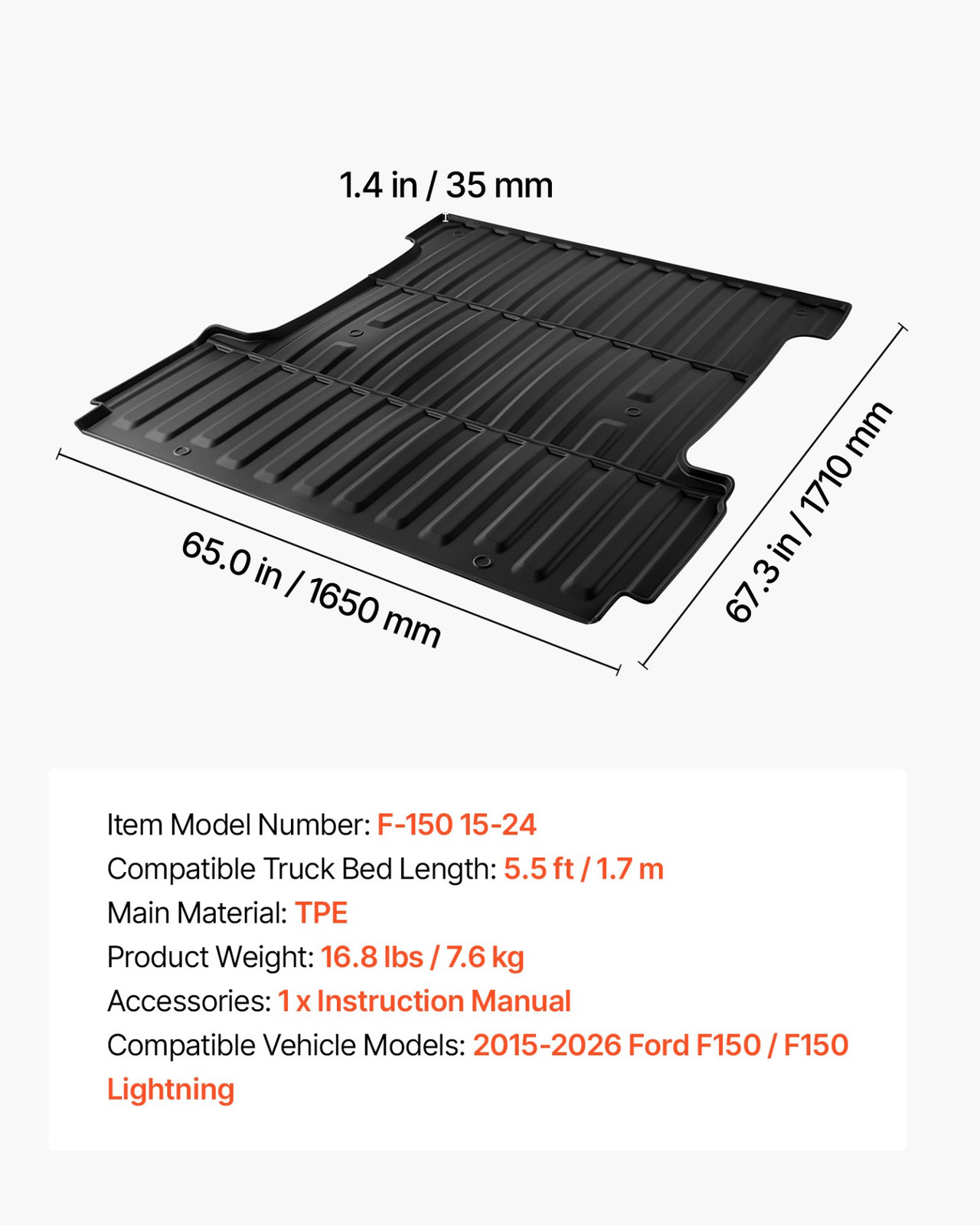 Truck Bed Mat for 2015-2026 Ford F150 Lightning Heavy Duty TPE Liner