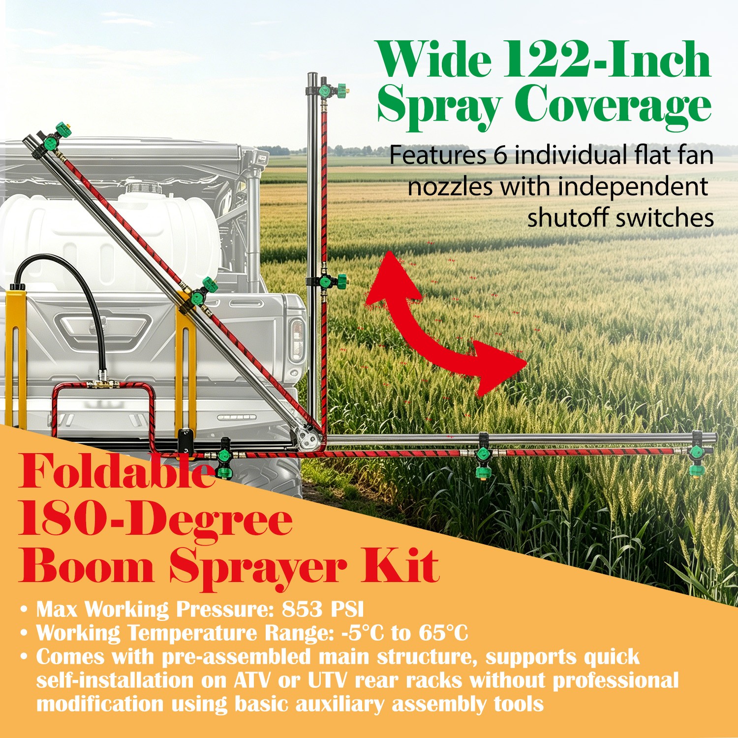 6 Nozzle Foldable Sprayer Boom Wide Spray For ATV UTV Agricultural Spraying