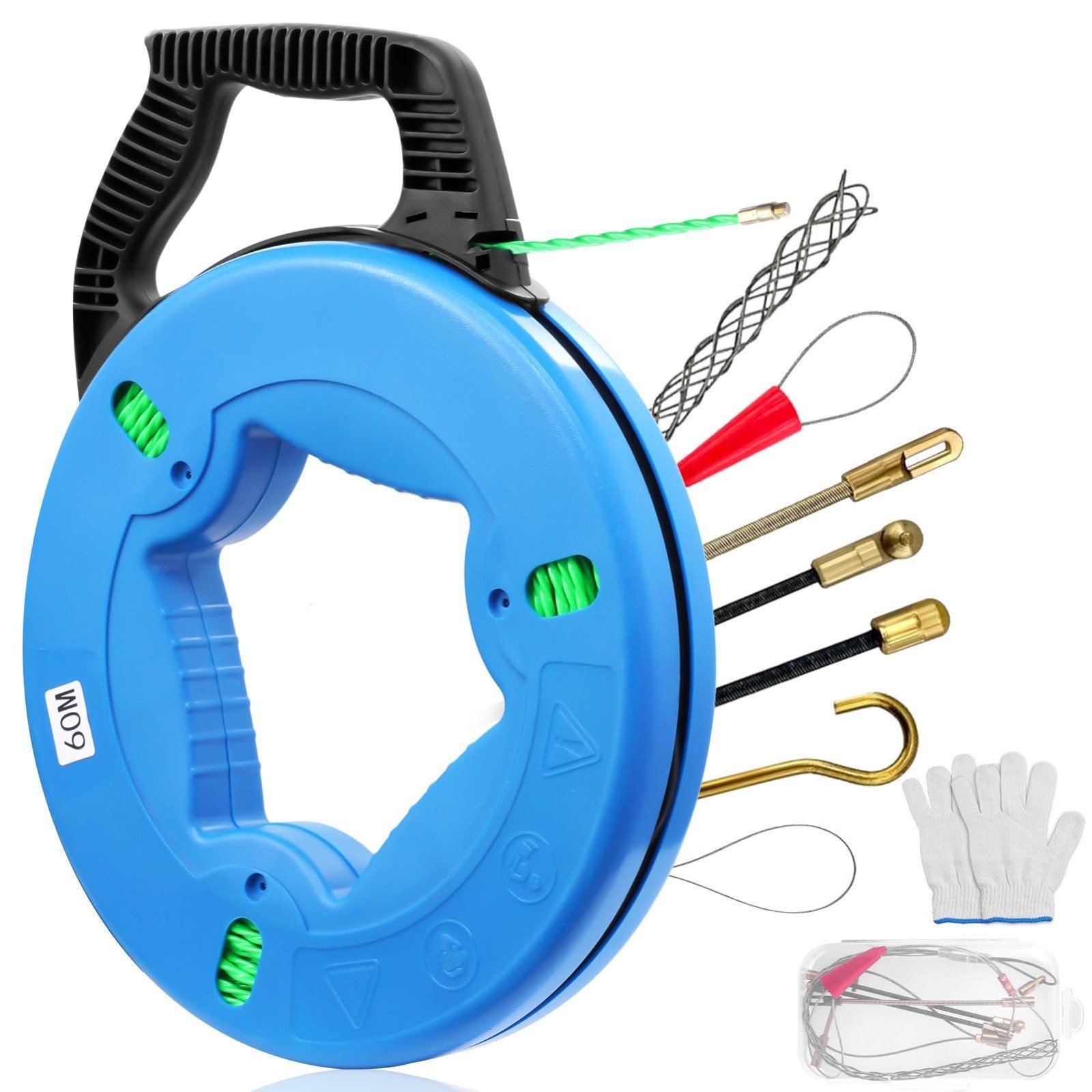 Non-Conductive Fish Tape Wire Puller 196FT with 7 Adapters | Fiberglass Electric