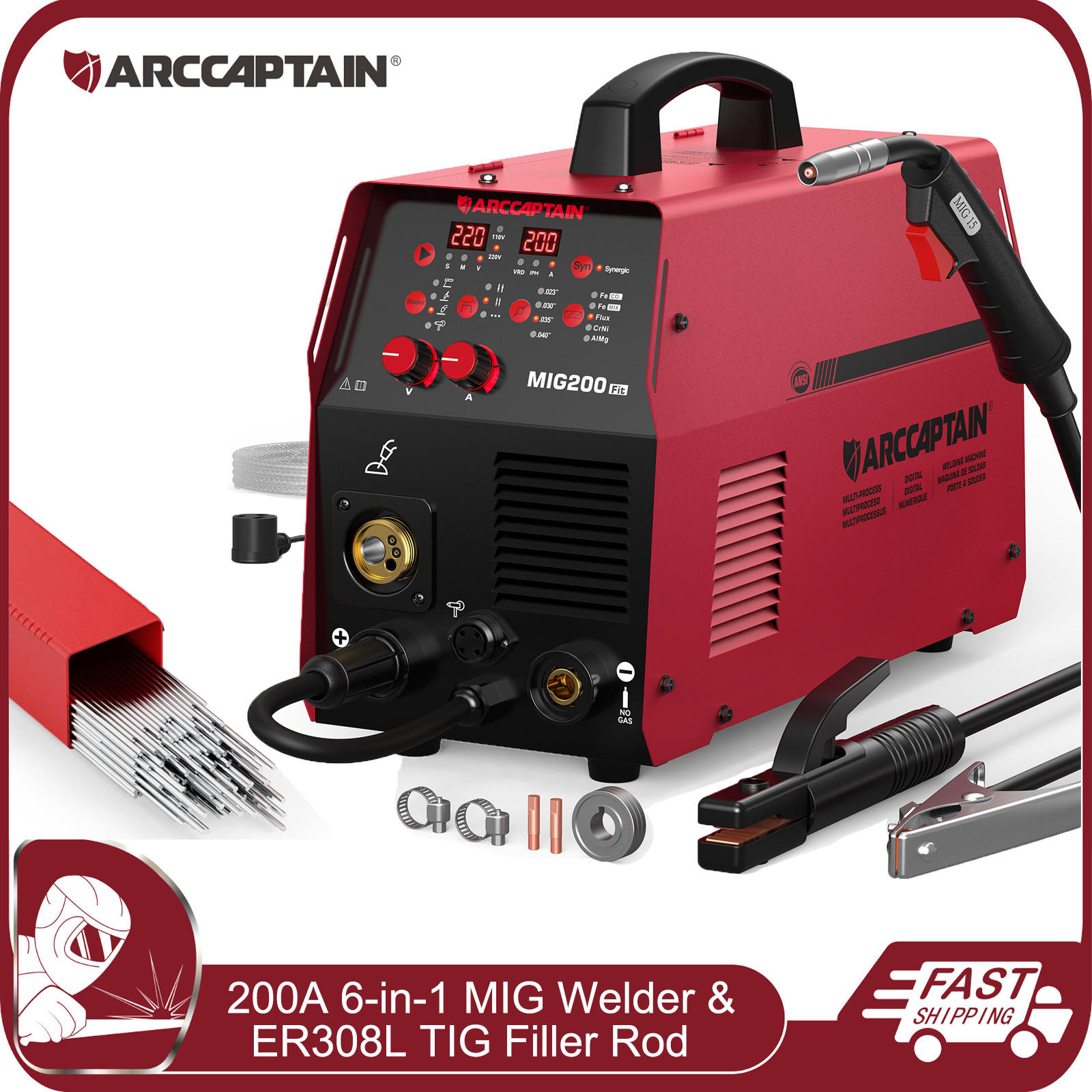 ARCCAPTAIN 200A 6-in-1 Aluminum MIG Welder Flux Core Lift TIG & TIG Welding Rod