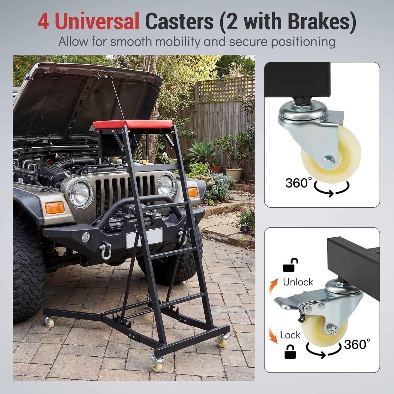 Foldable Topside Engine Creeper 42″-69″ Adjustable 400LBS Black Red