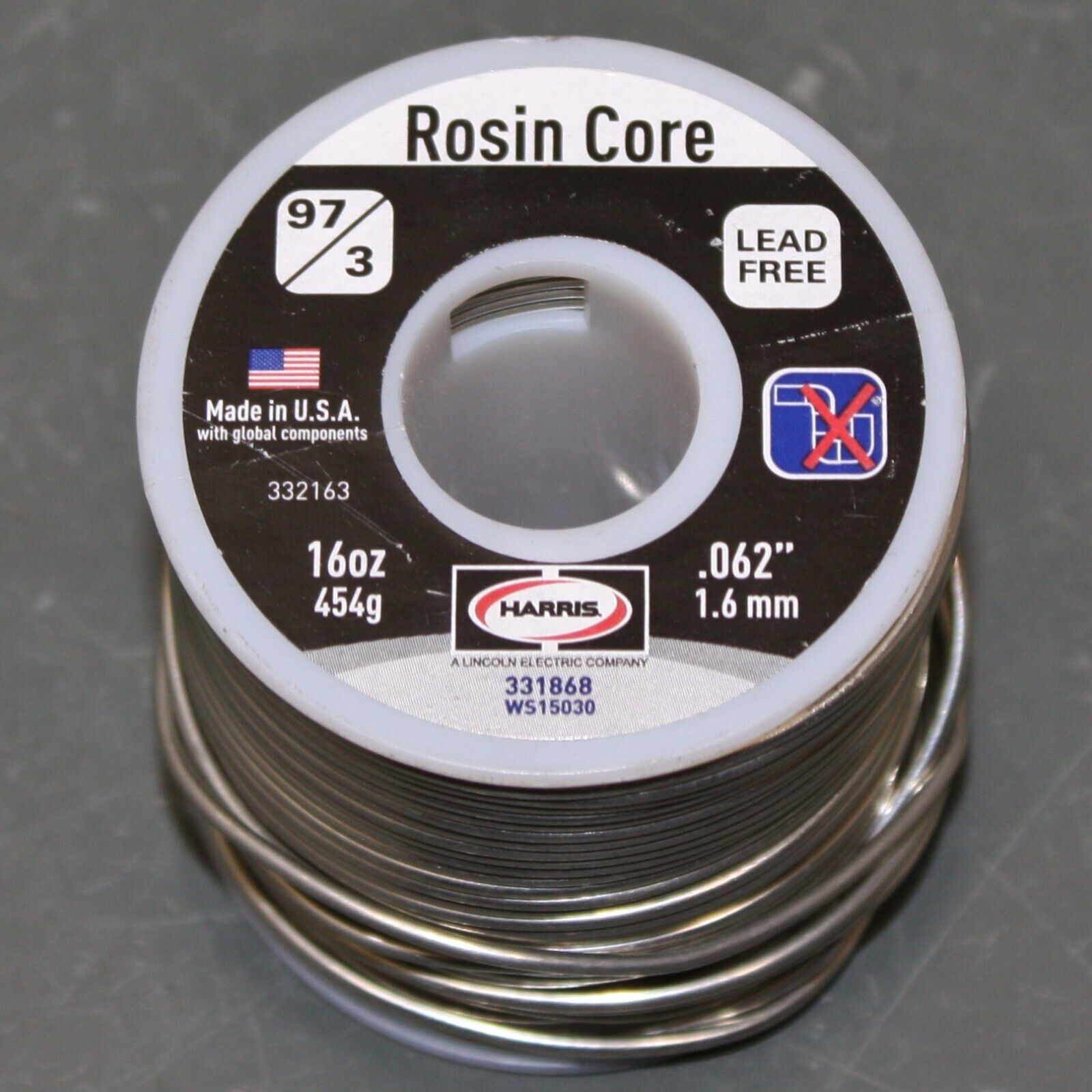 (1 lb) Harris 97/3 Rosin Flux Core Solder Wire 331868, 1/16″, 97% Tin, 3% Copper