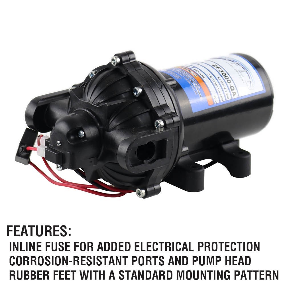 Everflo EF3000-QA 12V Diaphragm Sprayer Pump – 3.0GPM, 60 PSI Max, 3/4″ QA Ports