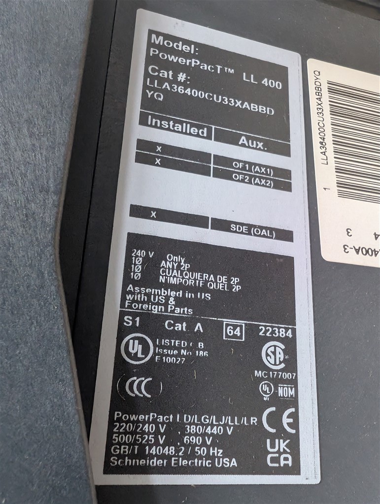 400A Square D LL 400 PowerPacT I-Line Breaker 600V 3-3S LSI LLA36400CU33XABBDYQ