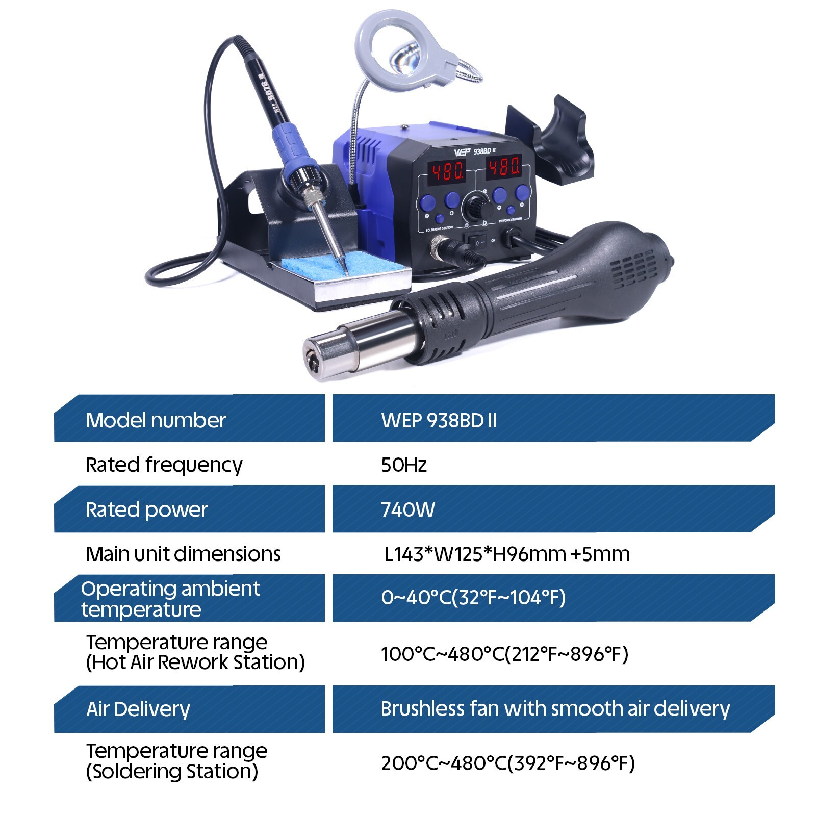 WEP 938BD-II Soldering Iron Station Hot Air Gun Rework Station with LED Lamp