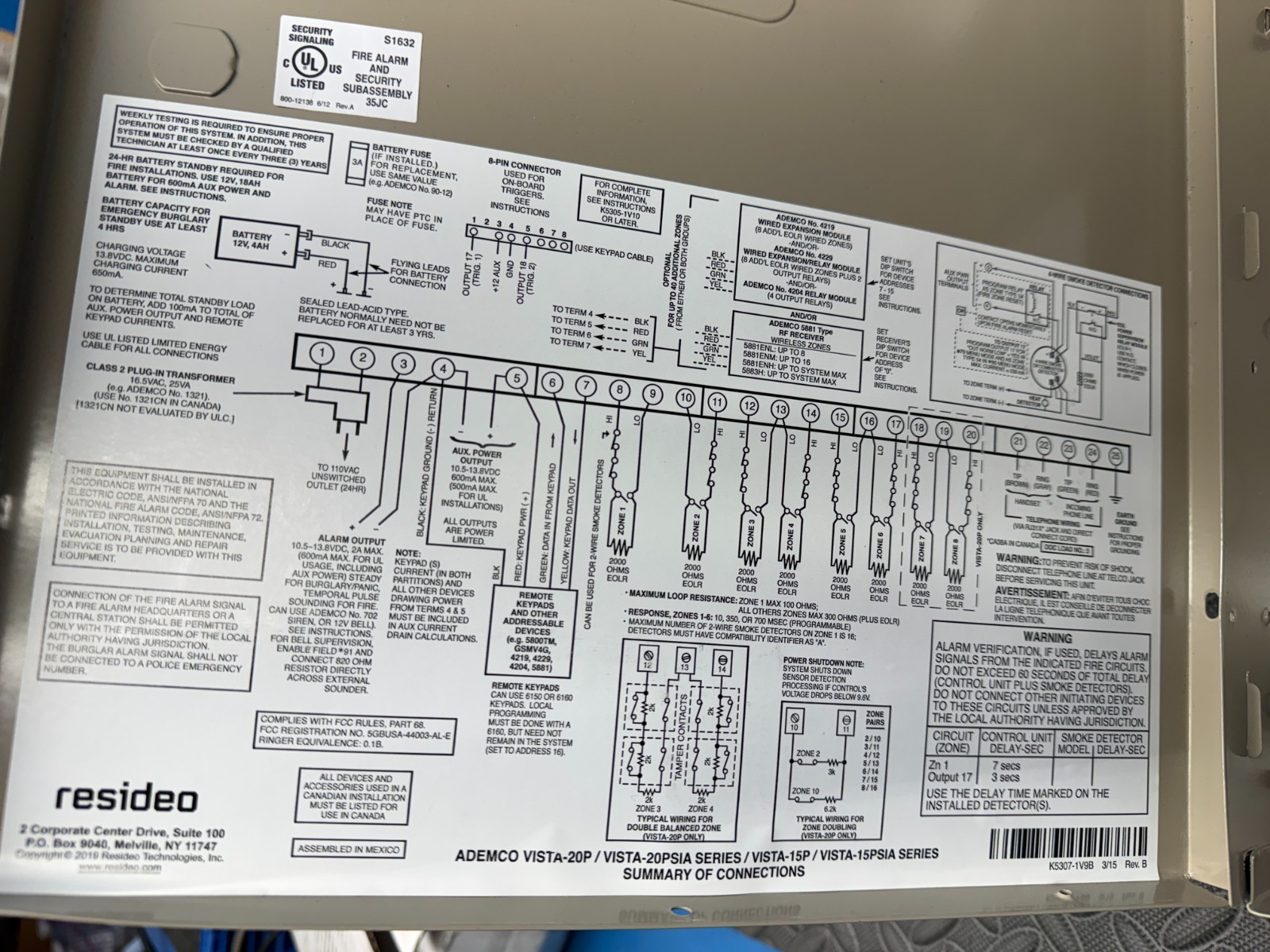 Honeywell VISTA-20P Resideo 8-Zone Plus Series Security Alarm Control Panel