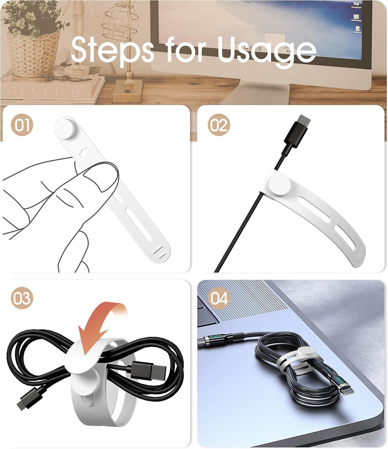 20Pcs Nearockle Reusable Cable Ties, Adjustable Silicone Cord 20pcs-white
