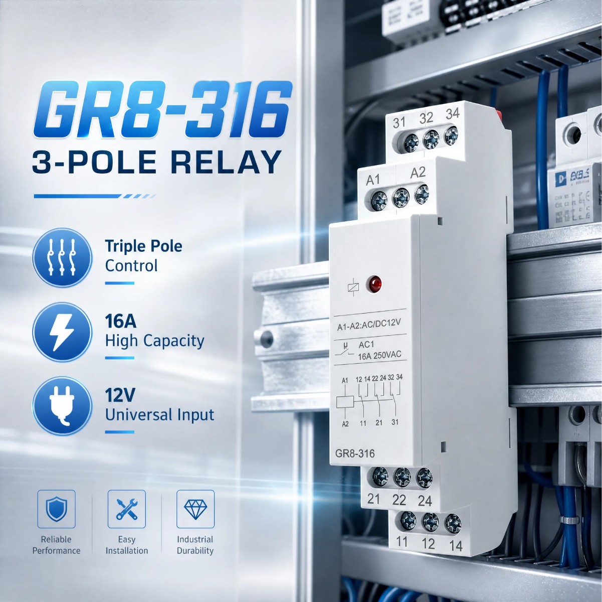 NEW GR8-316 AC/DC12V Intermediate Relay Auxiliary Relay Din Rail 16A 3 SPDT