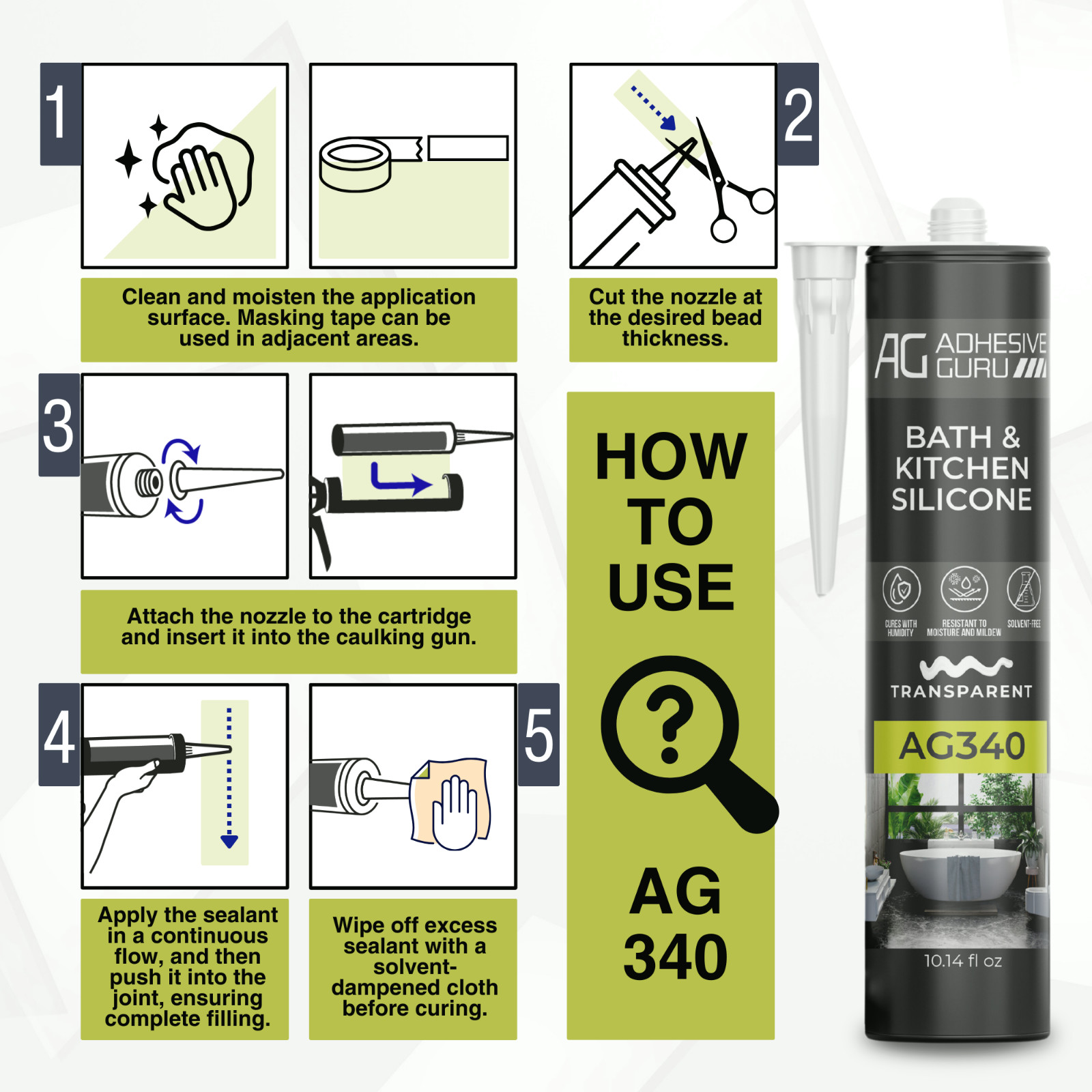 Adhesive Guru AG340 Clear Silicone Sealant (12×10.14 fl oz), 100% Silicone Caulk