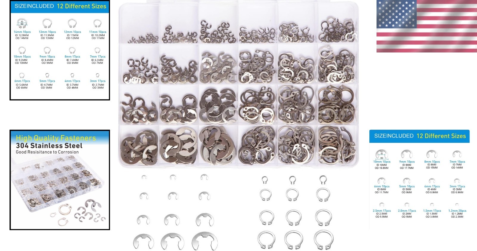 327pcs E-Clips & C-Clips Stainless Steel Assortment Kit – 1.2mm-10mm & M3-M14