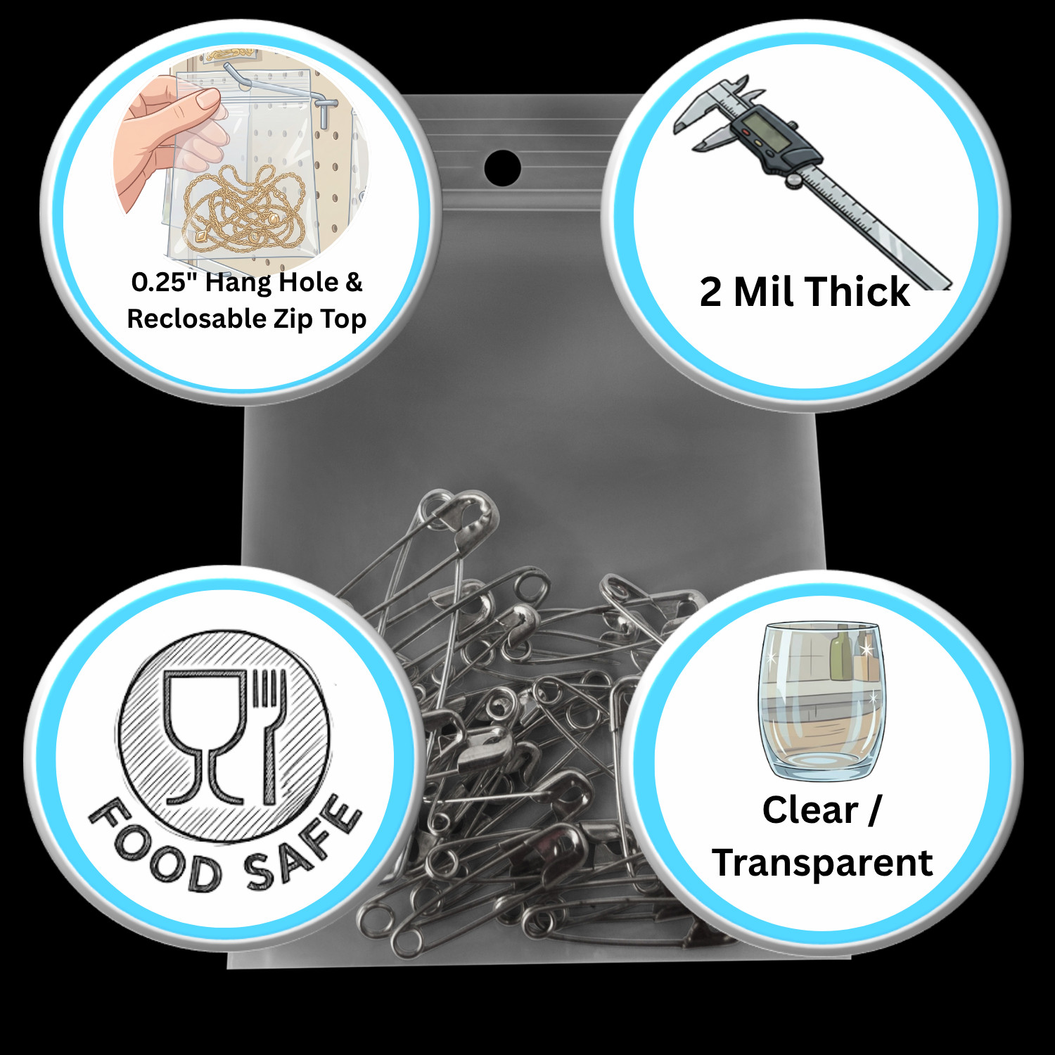 10000 Clear Reclosable Plastic Poly Zip Lock Bags With Hang Hole 3″ x 4″ – 2 Mil