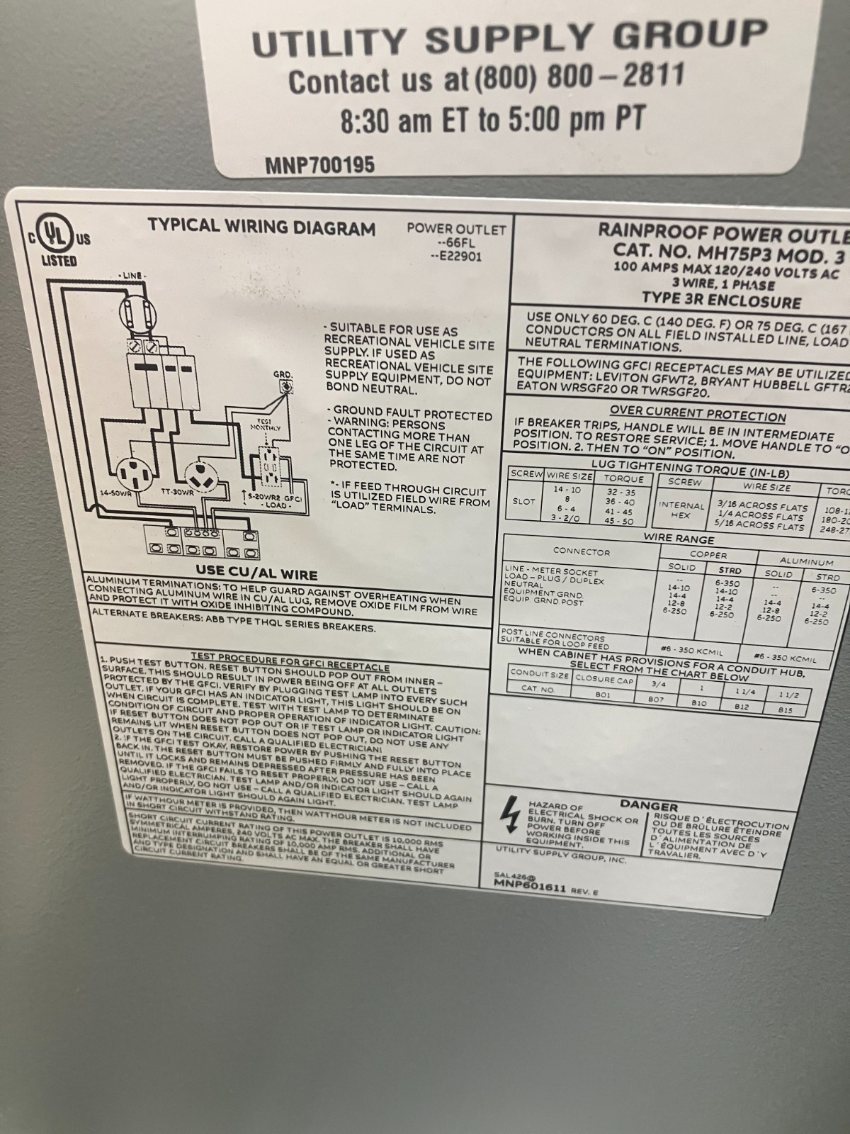 RV Power Box/Pedestal 100 AMP 120/240 Volt AC MH75P3 MOD. 3