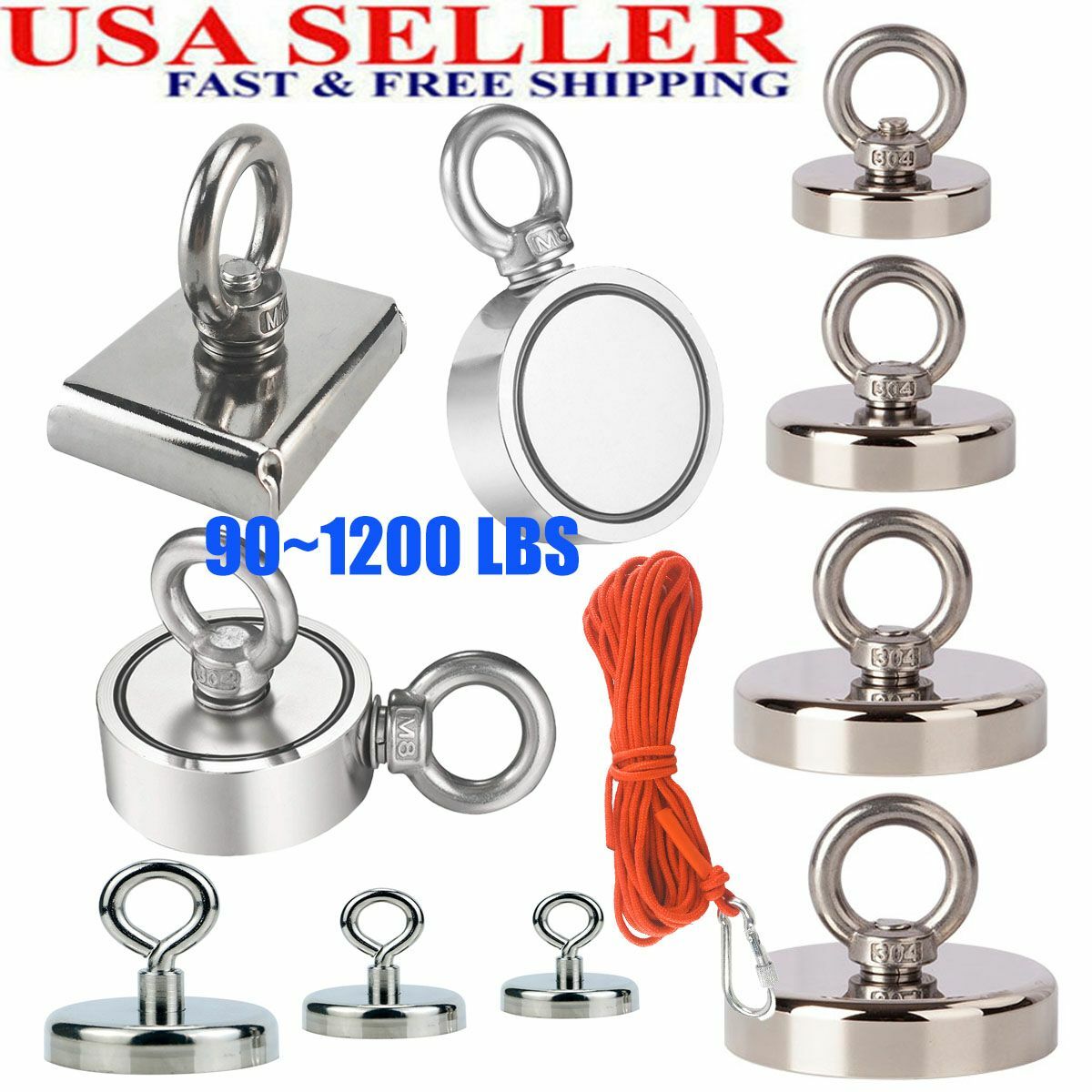 90-1200LBS Fishing Magnet Neodymium Super Pull Force Hook Retrieving Treasure US