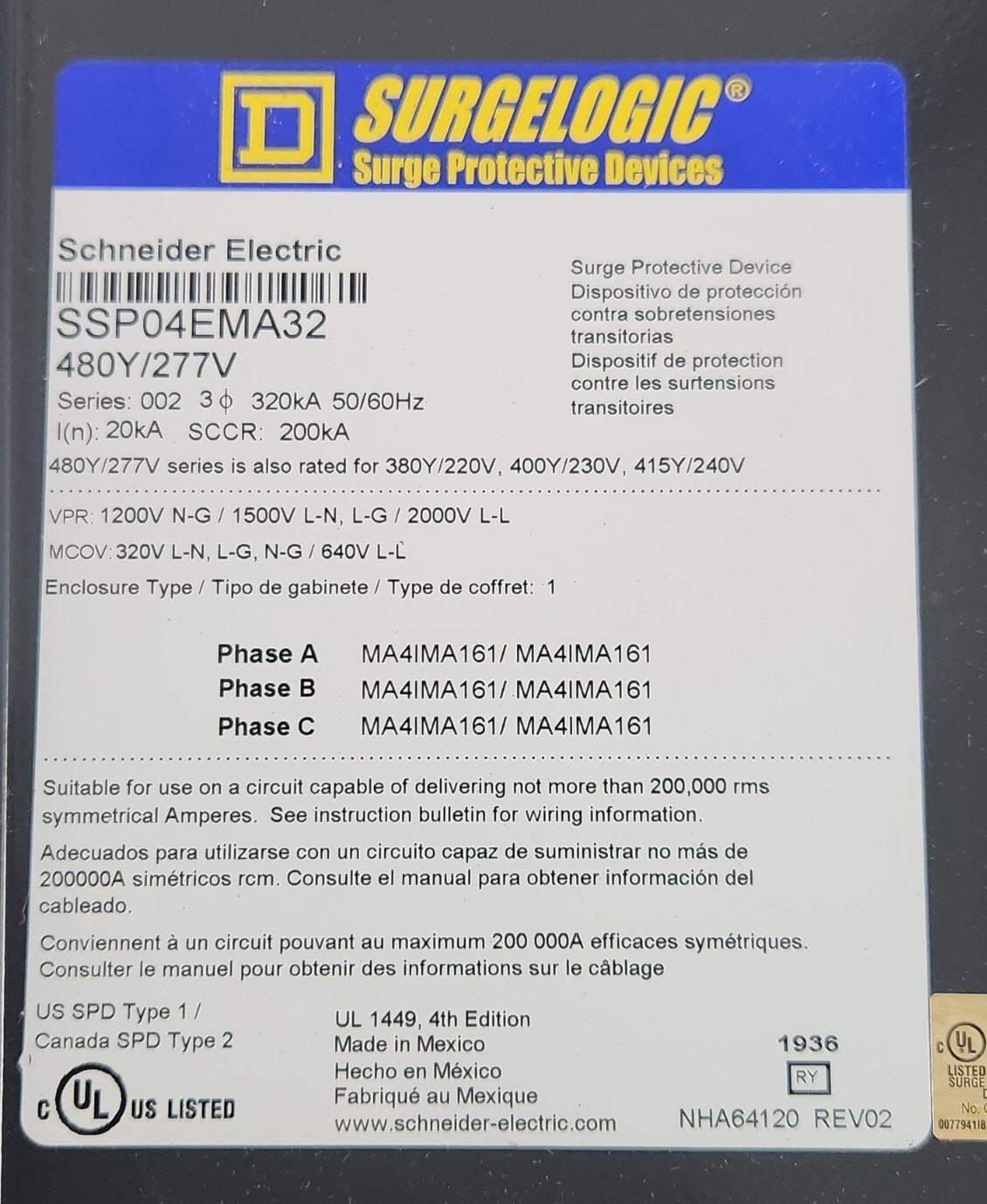 😎 NEW SQUARE D SURELOGIC SURGE PROTECTIVEDEVICE 480Y/277 VAC 3 PHASE SSP04EMA32