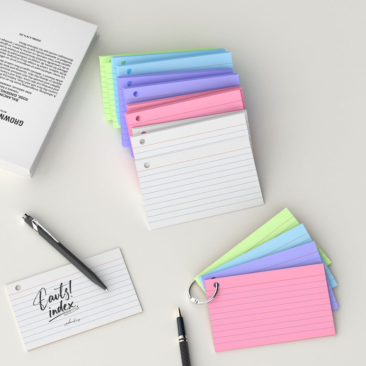 250 Count Colored Index Cards 3X5 Inch with Key Ring, 180Gsm Heavy Weight Flash