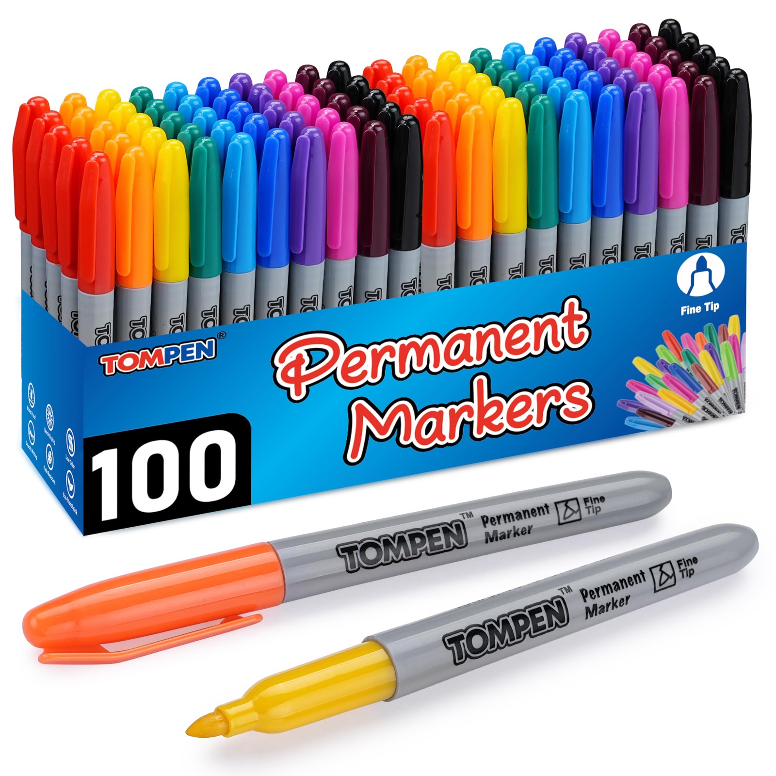 TOMPEN Permanent Markers Fine Tip 100 Pack 1 Count (Pack of 100), Multicolor
