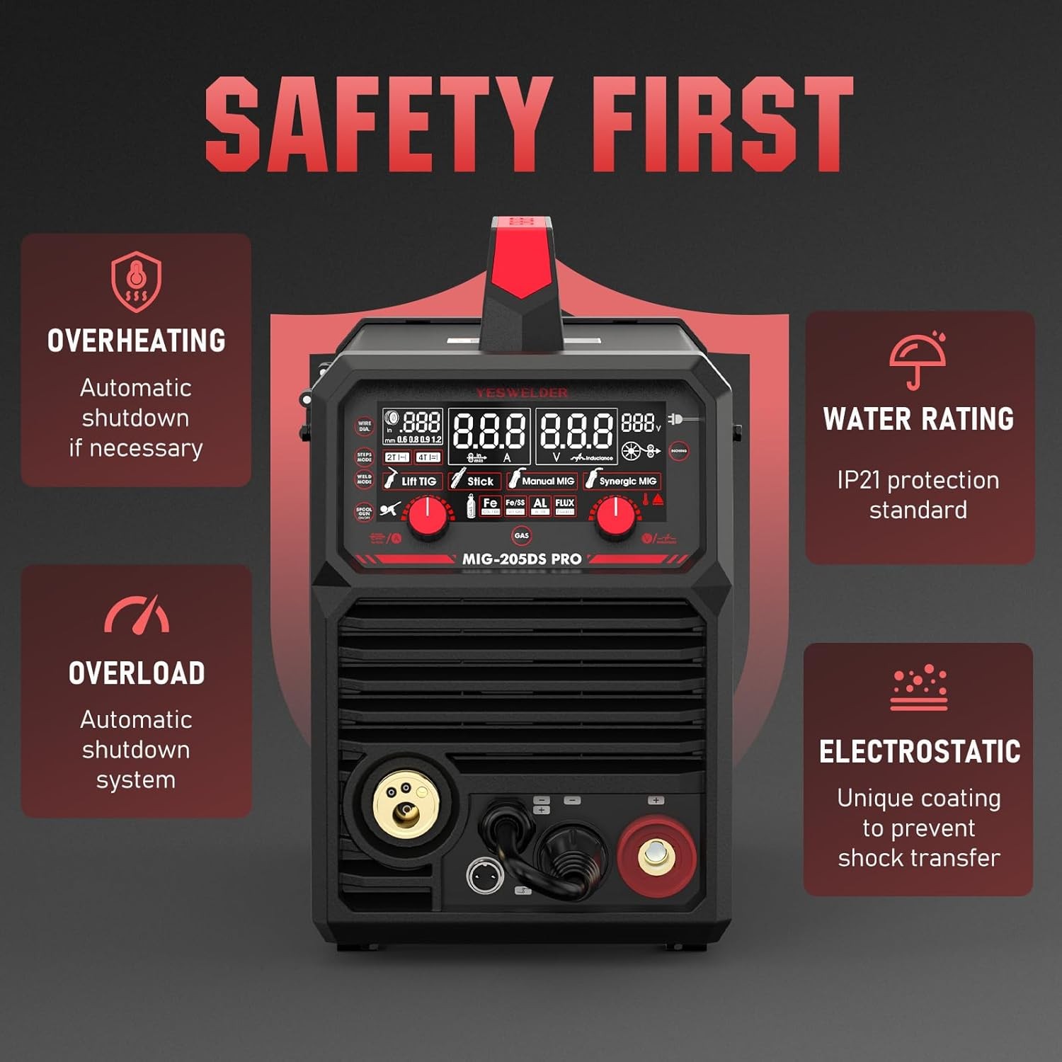 MIG Welder, 205A,110/220V, Gas/Gasless/Lift TIG/Stick 3 in 1 Welding Machine