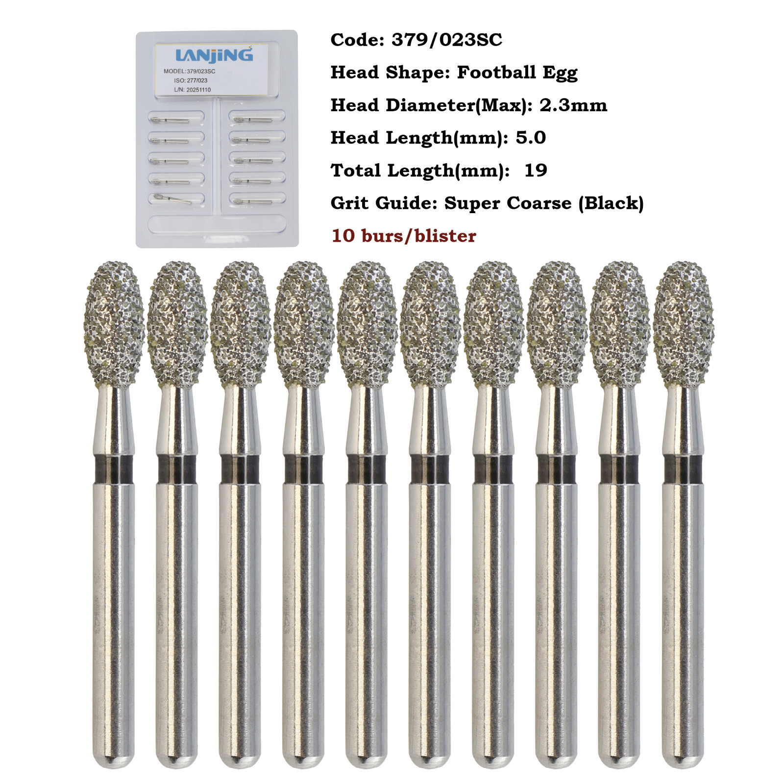 10pcs/pk Dental Diamond Burs FG Egg Football 379/023SC Super Coarse High Speed